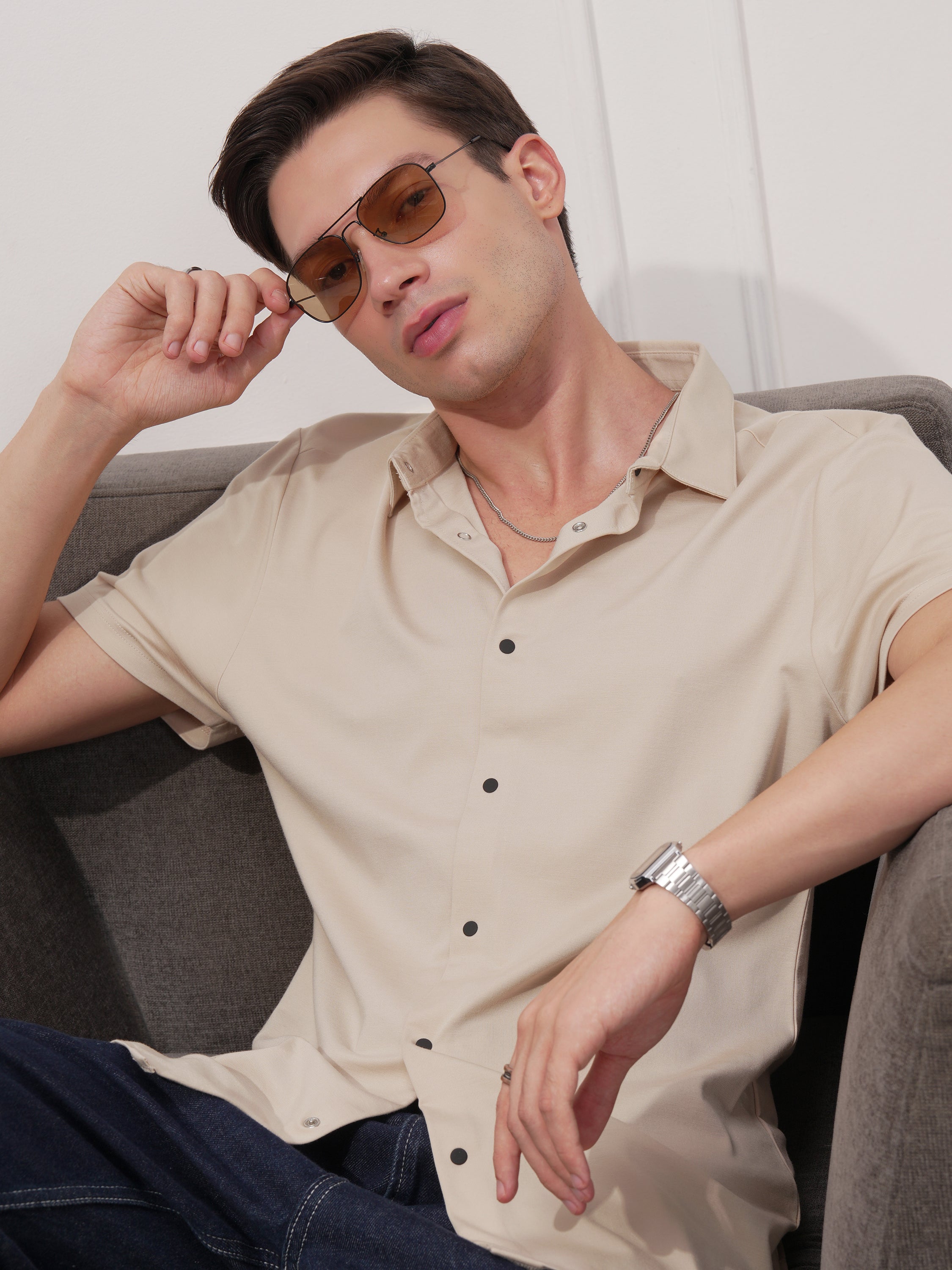 Highlander Men Beige Solid Slim Fit Casual Shirt - Beige - Image 1