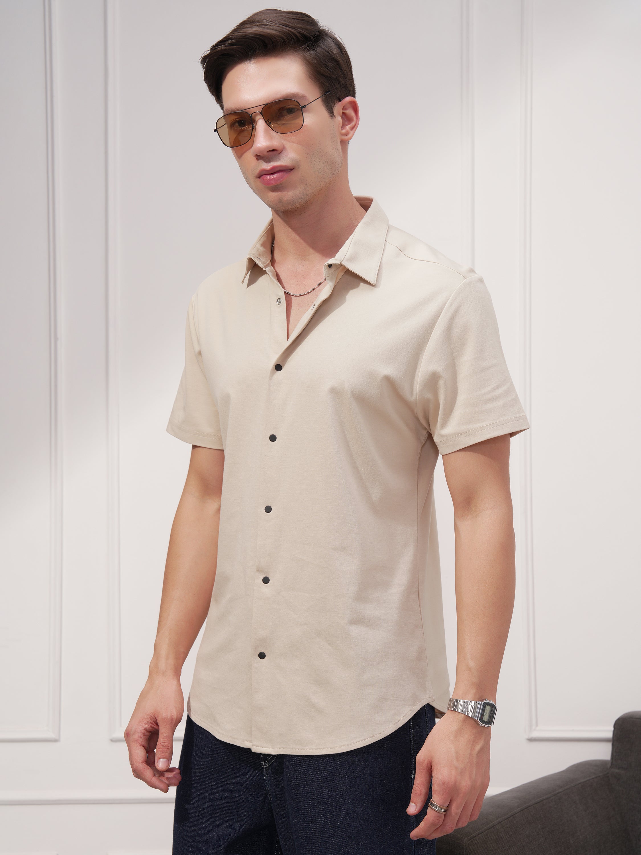 Highlander Men Beige Solid Slim Fit Casual Shirt - Beige - Image 4