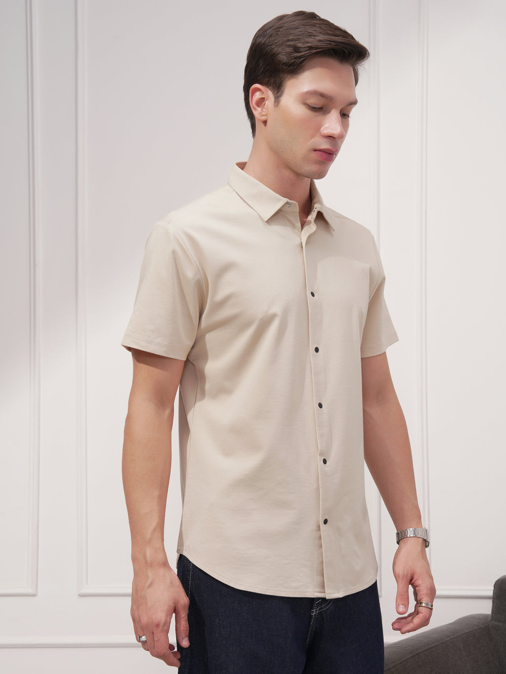 Highlander Men Beige Solid Slim Fit Casual Shirt - Beige - Image 6