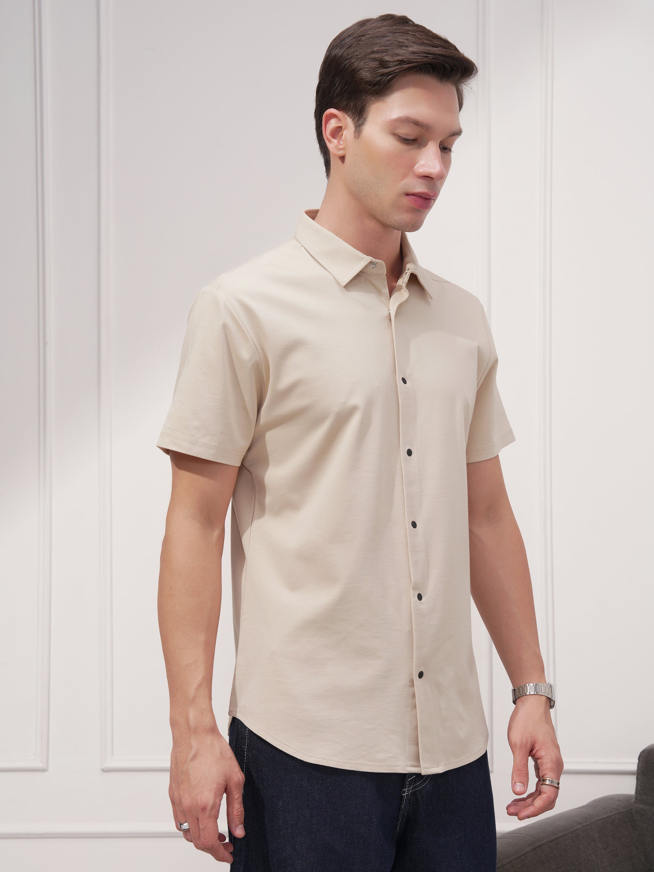 Highlander Men Beige Solid Slim Fit Casual Shirt - Beige - Image 6