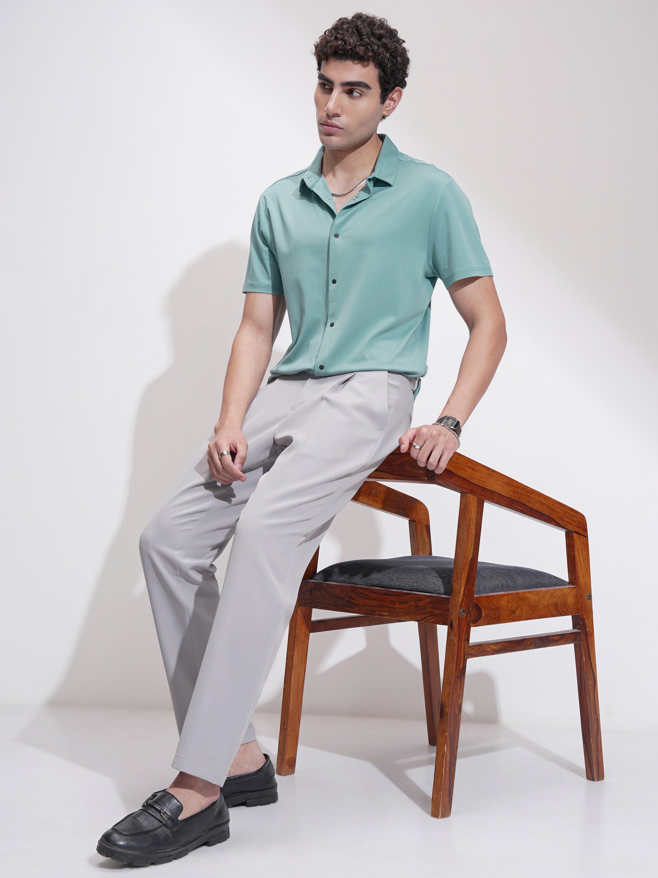 Highlander Men Green Self Design Slim Fit Casual Shirt - Green - Image 2