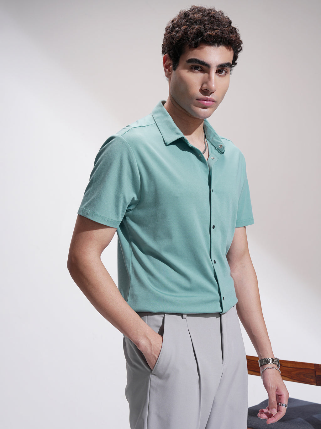 Highlander Men Green Self Design Slim Fit Casual Shirt - Green - Image 6