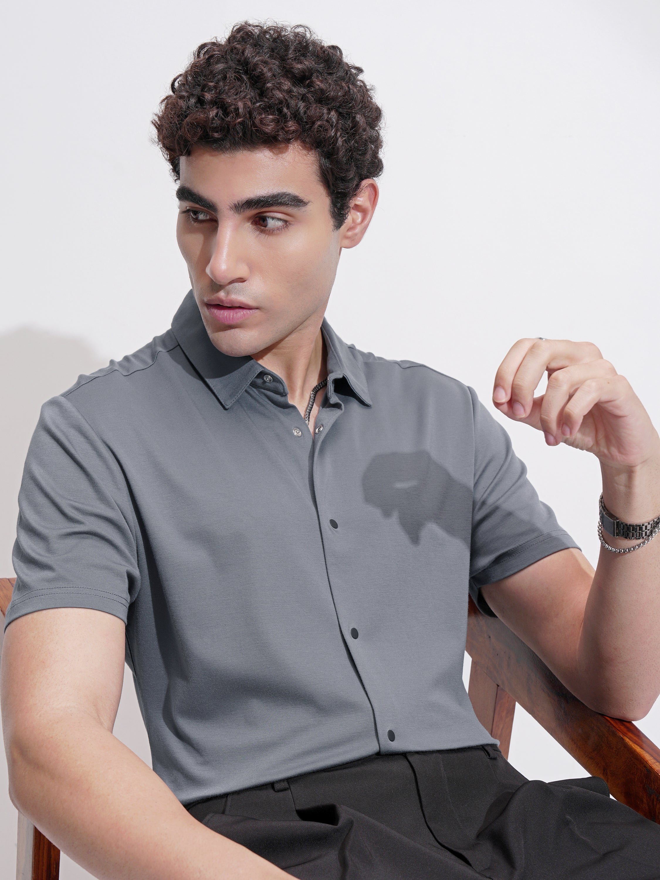Highlander Men Grey Self Design Slim Fit Casual Shirt - Grey - Image 1