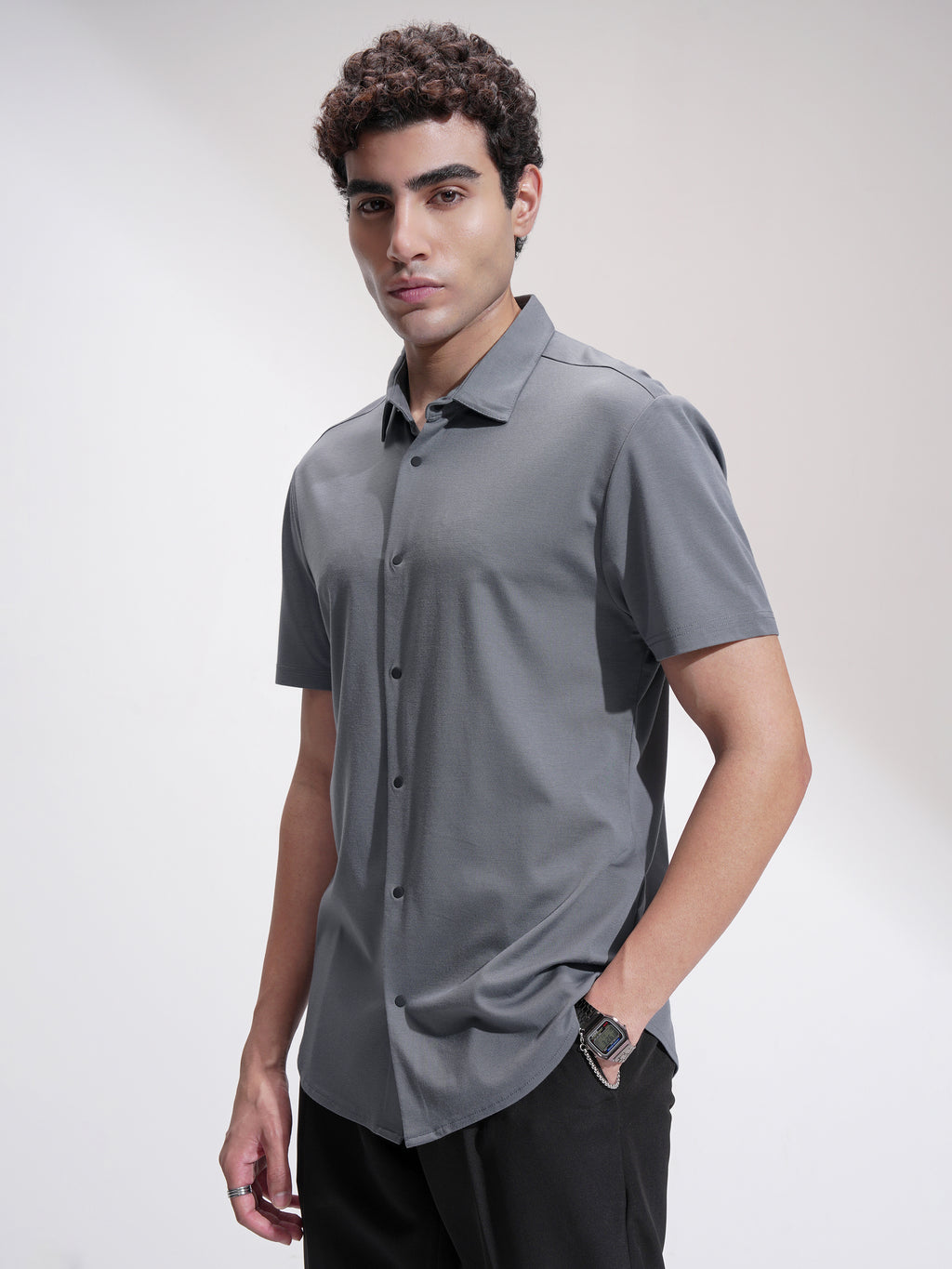 Highlander Men Grey Self Design Slim Fit Casual Shirt - Grey - Image 4