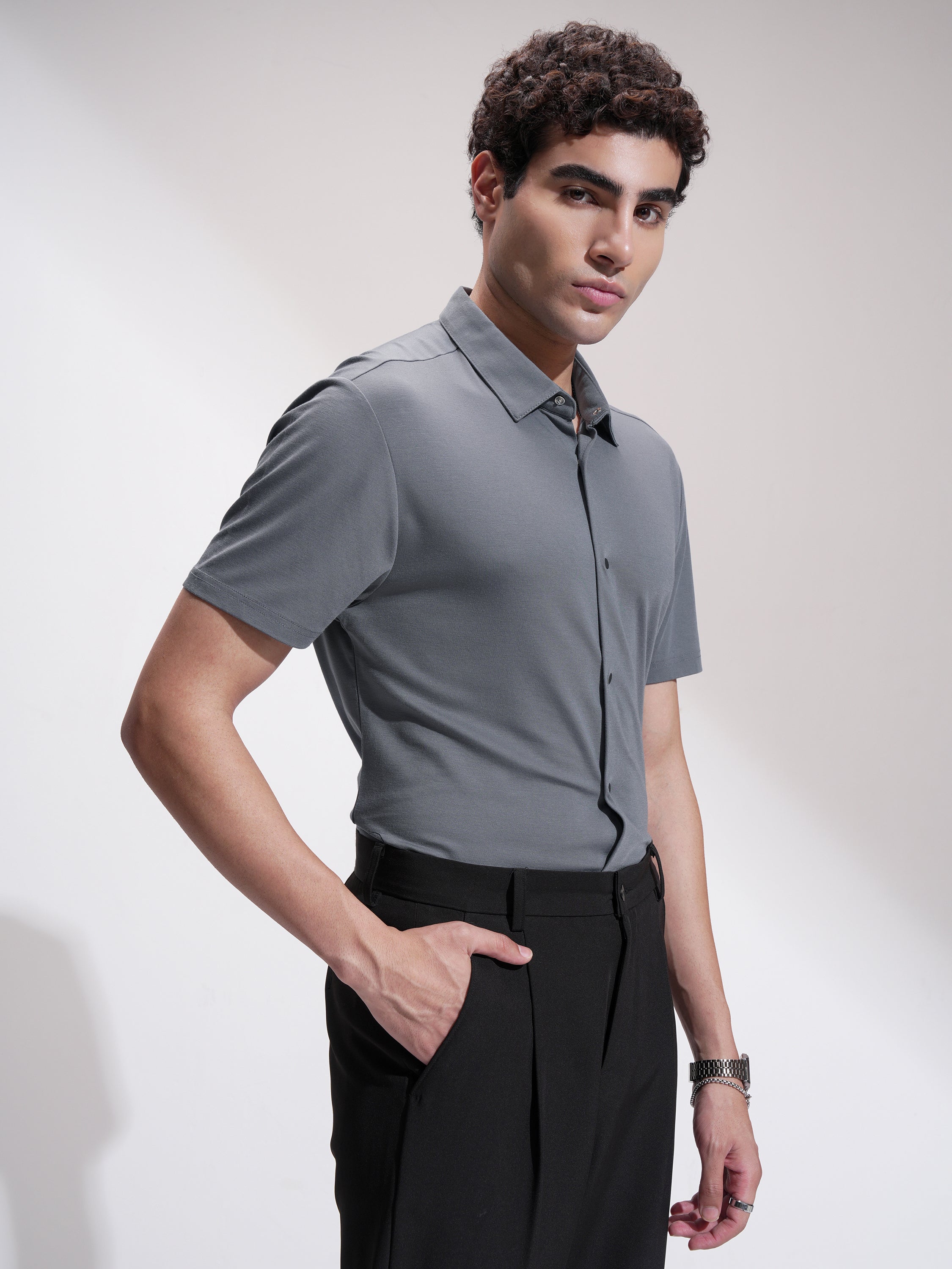 Highlander Men Grey Self Design Slim Fit Casual Shirt - Grey - Image 6