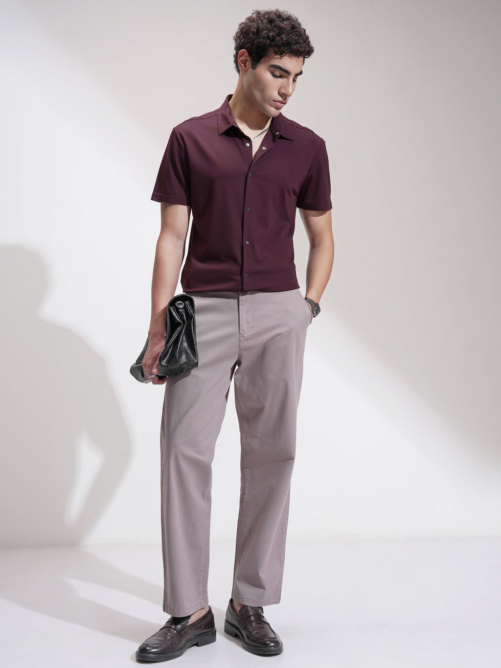 Highlander Men Maroon Self Design Slim Fit Casual Shirt - Maroon - Image 2