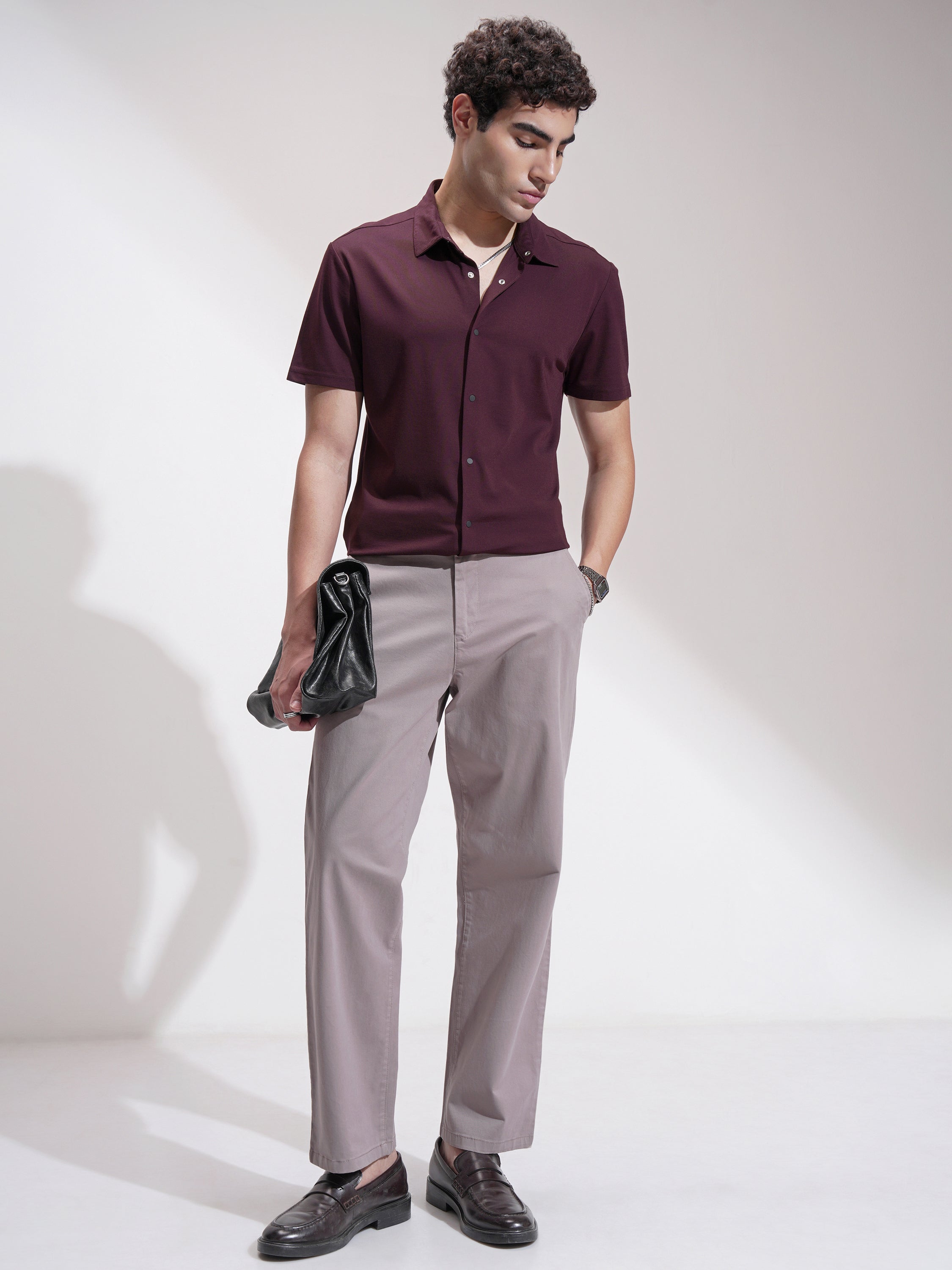 Highlander Men Maroon Self Design Slim Fit Casual Shirt - Maroon - Image 2
