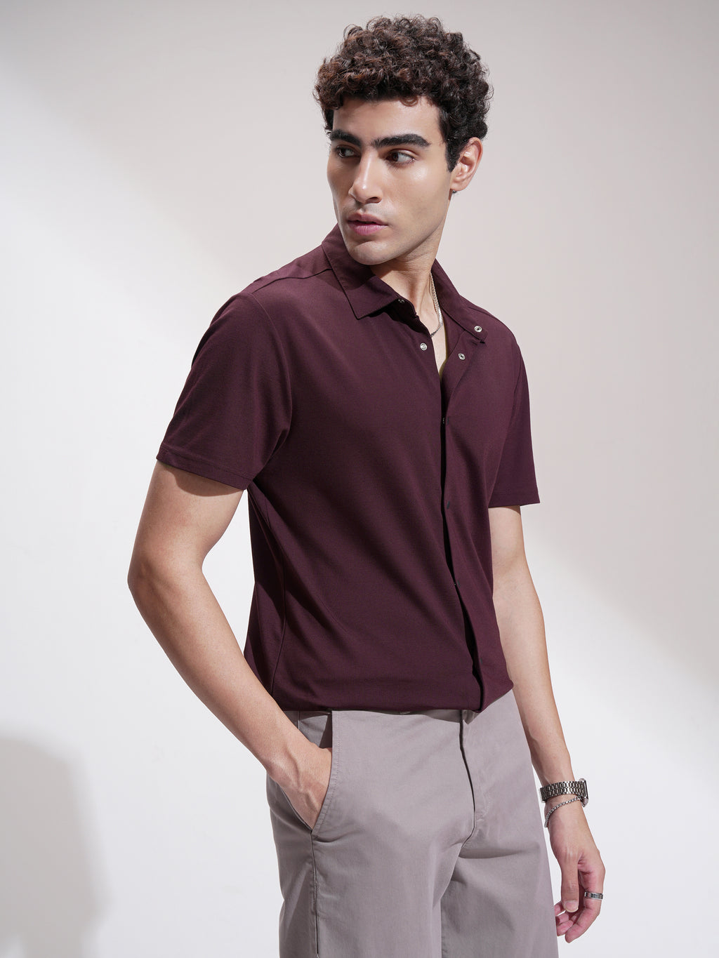 Highlander Men Maroon Self Design Slim Fit Casual Shirt - Maroon - Image 6