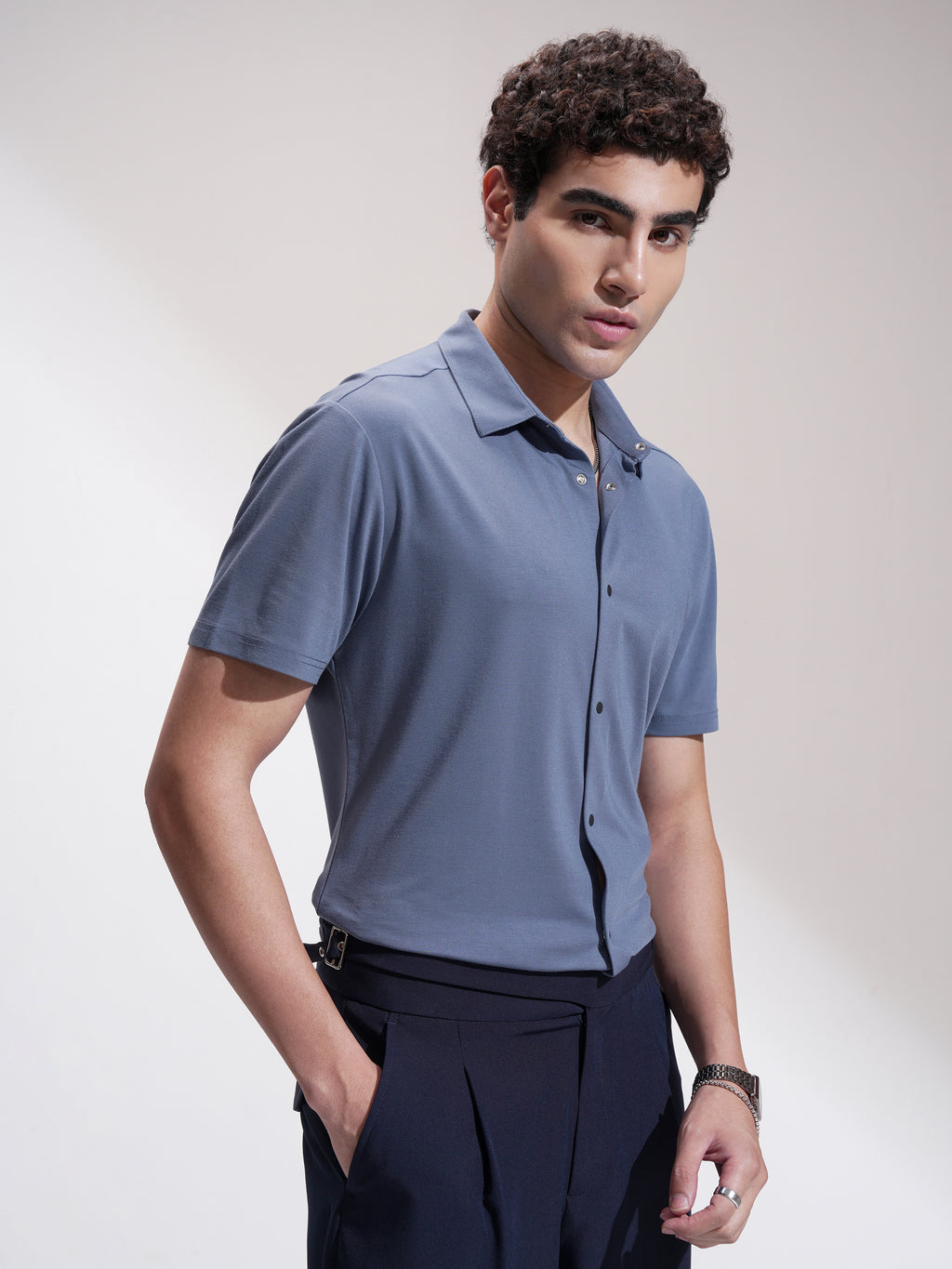 Highlander Men Blue Self Design Slim Fit Casual Shirt - Blue - Image 6