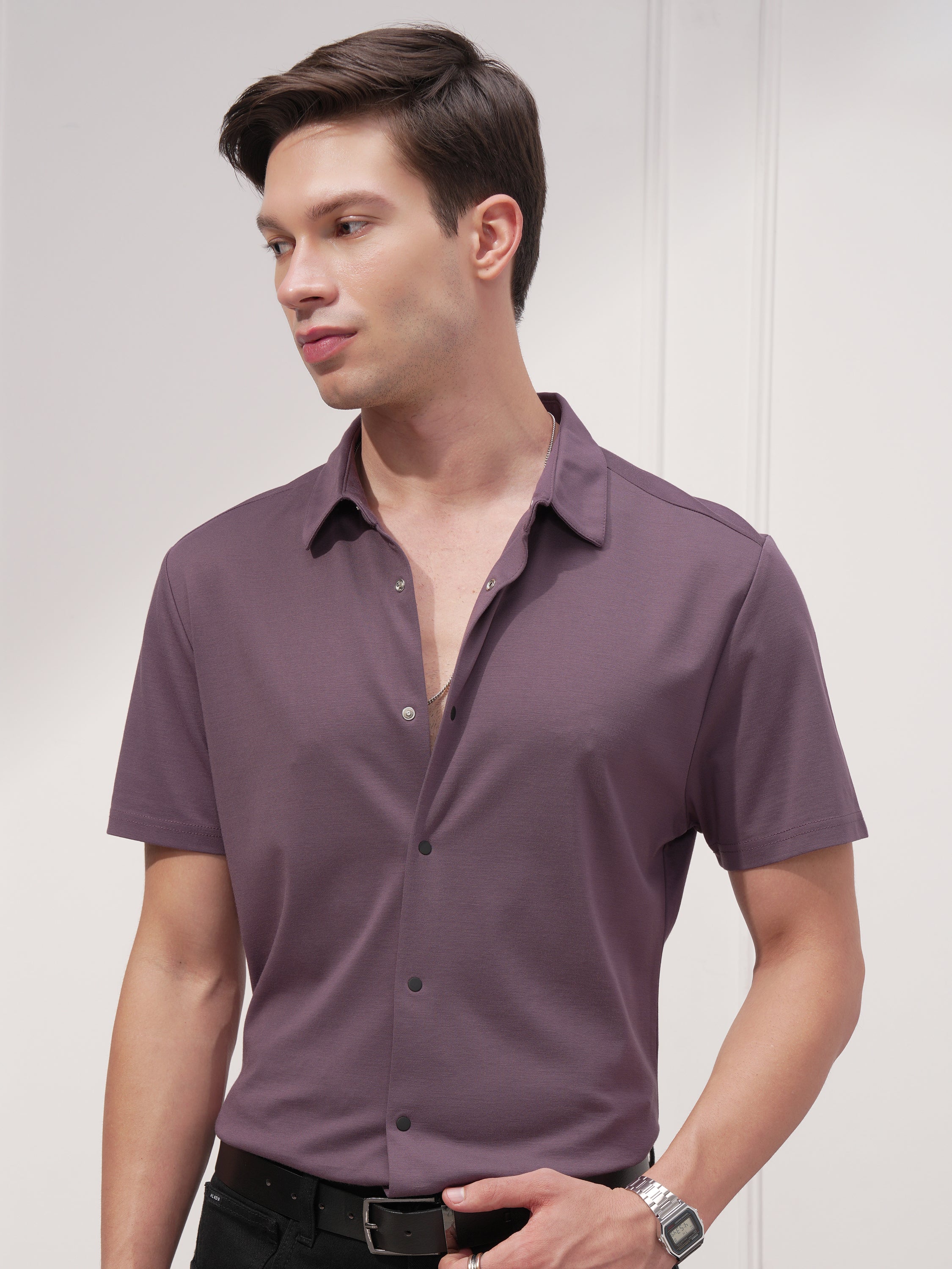 Highlander Men Purple Solid Slim Fit Casual Shirt - Purple - Image 1