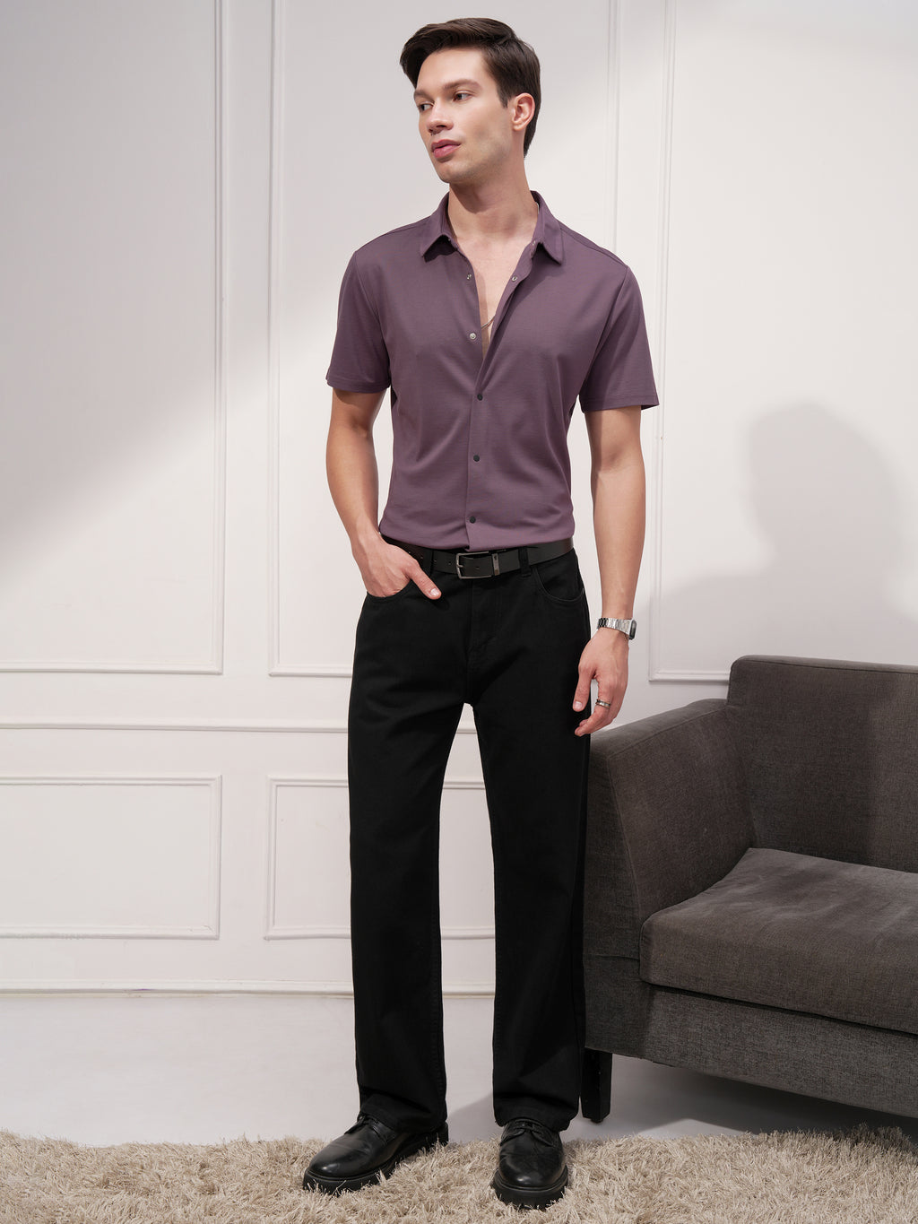 Highlander Men Purple Solid Slim Fit Casual Shirt - Purple - Image 2