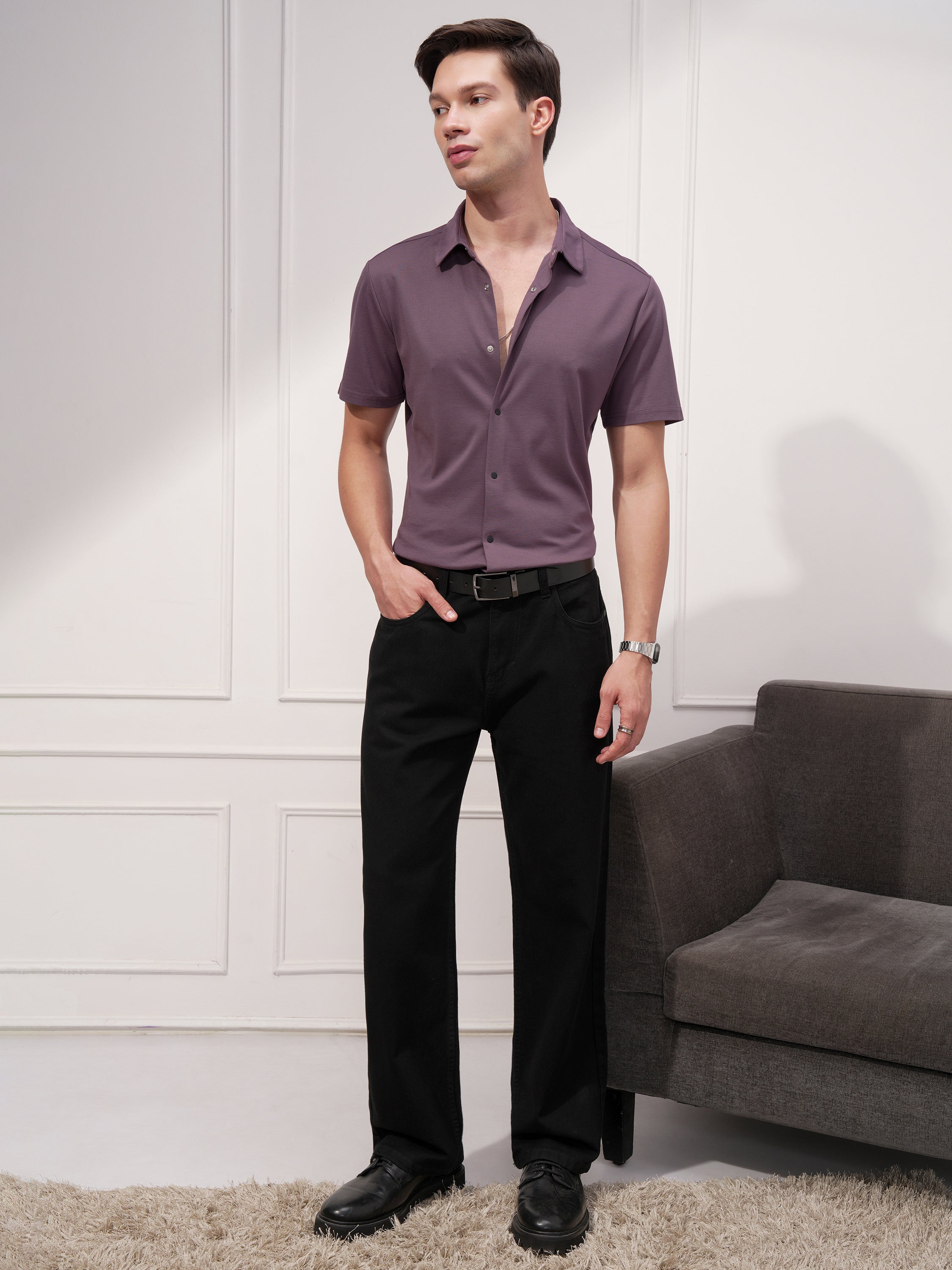 Highlander Men Purple Solid Slim Fit Casual Shirt - Purple - Image 2