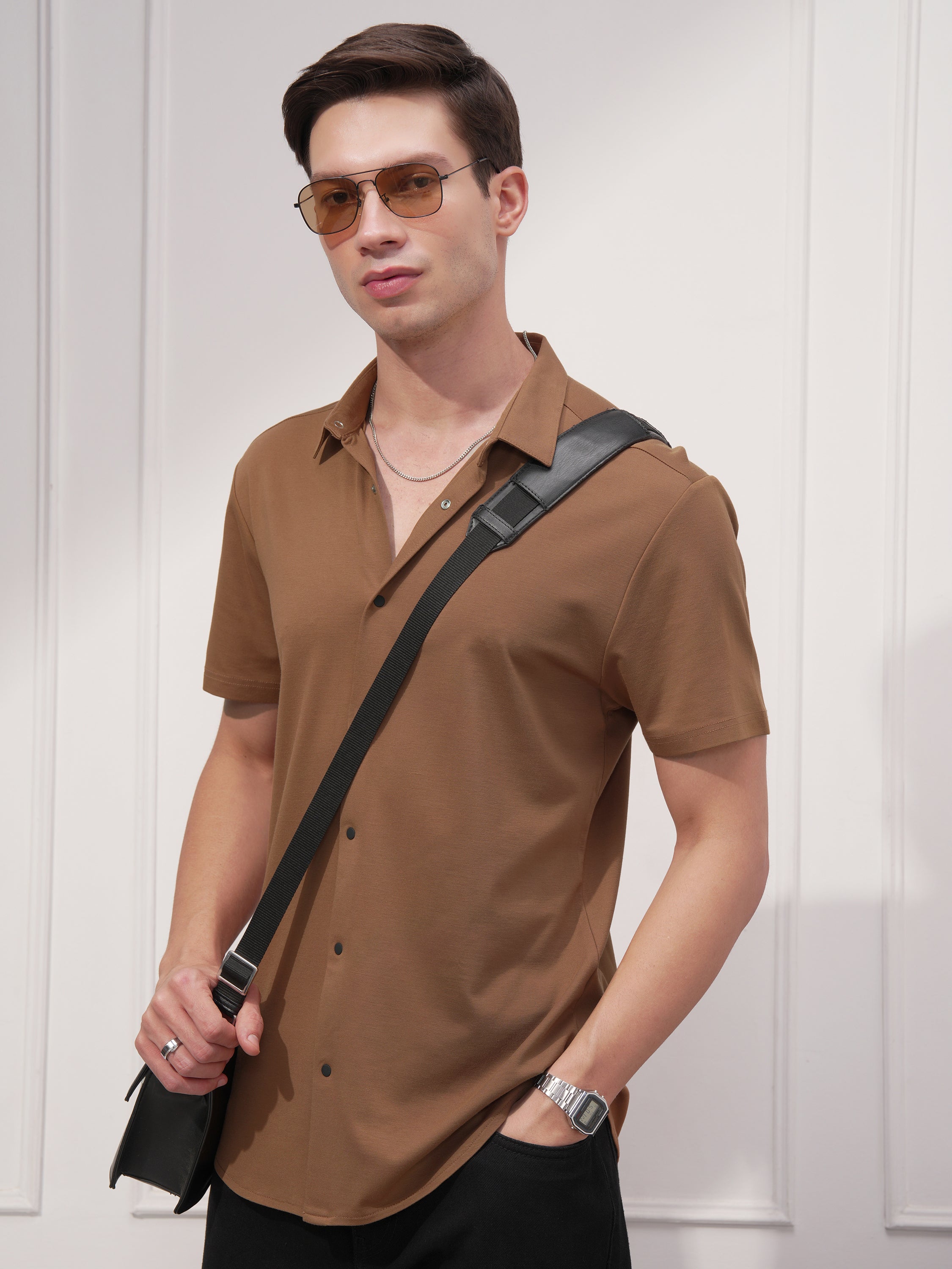 Highlander Men Brown Solid Slim Fit Casual Shirt - Brown - Image 4