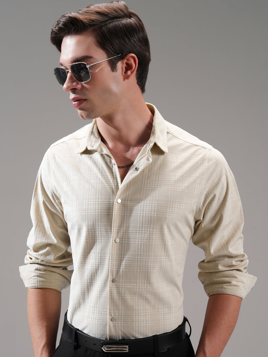 Highlander Men Beige Self Design Slim Fit Casual Shirt - Beige - Image 1