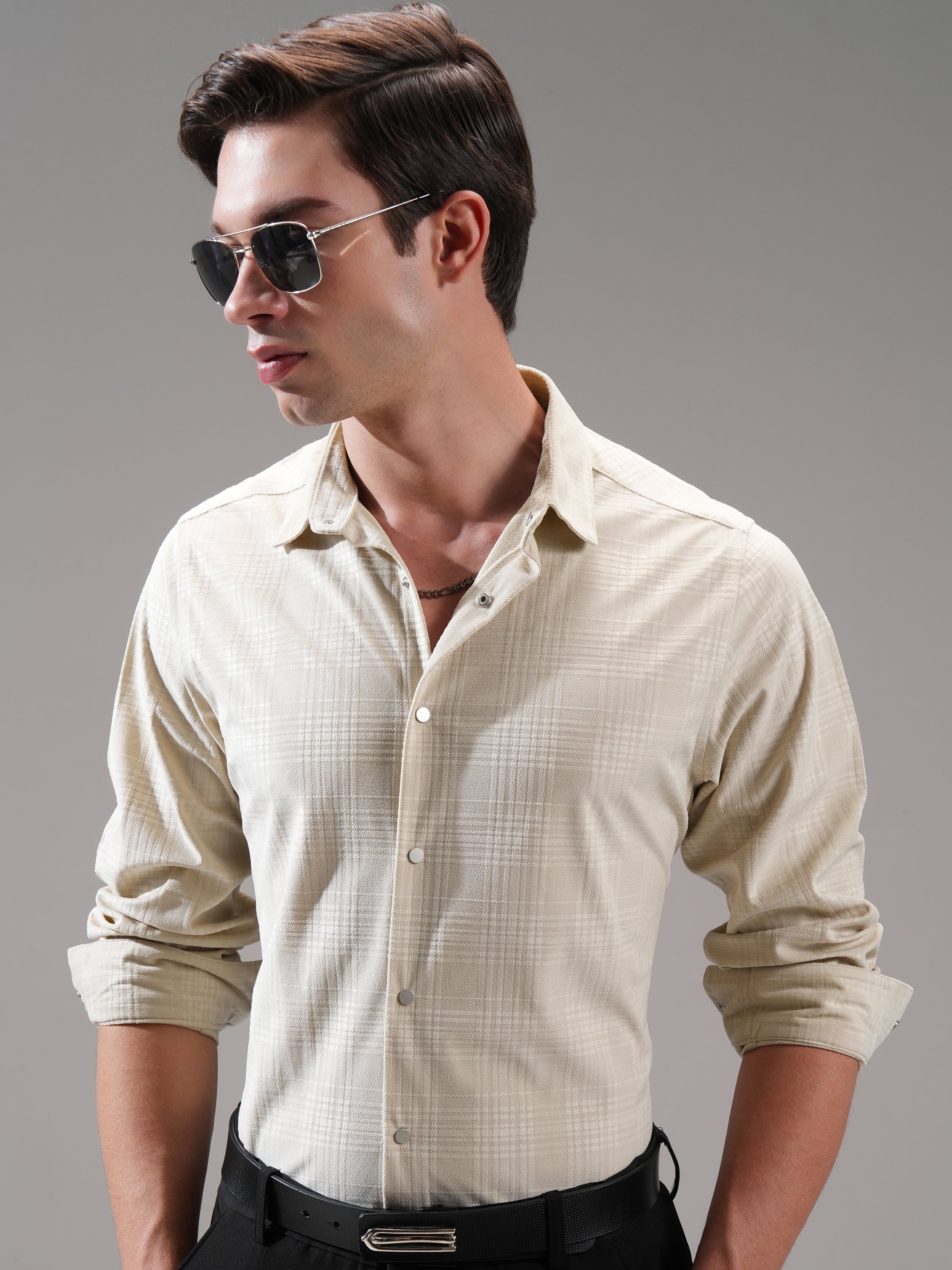 Highlander Men Beige Self Design Slim Fit Casual Shirt - Beige - Image 1