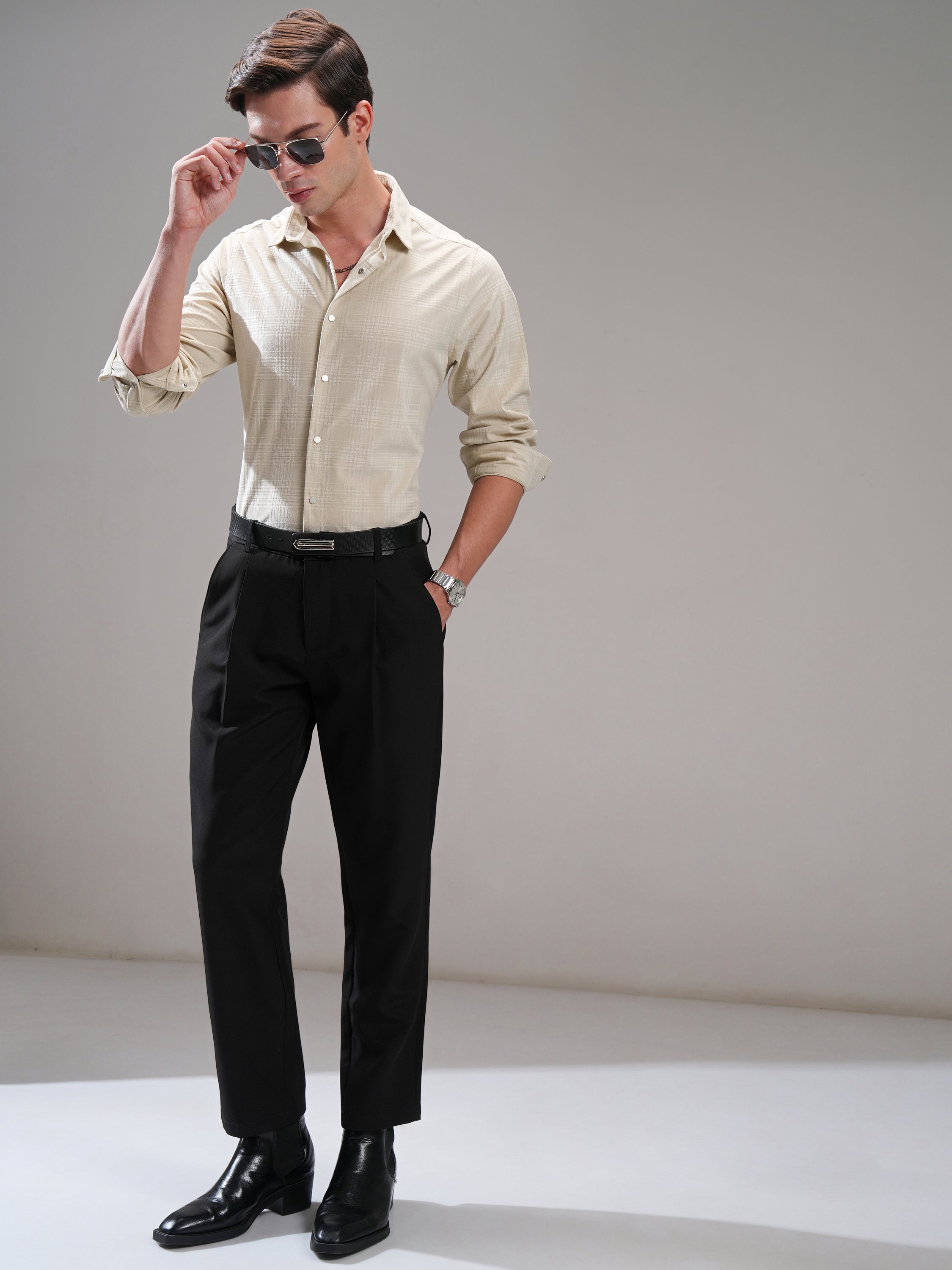Highlander Men Beige Self Design Slim Fit Casual Shirt - Beige - Image 2