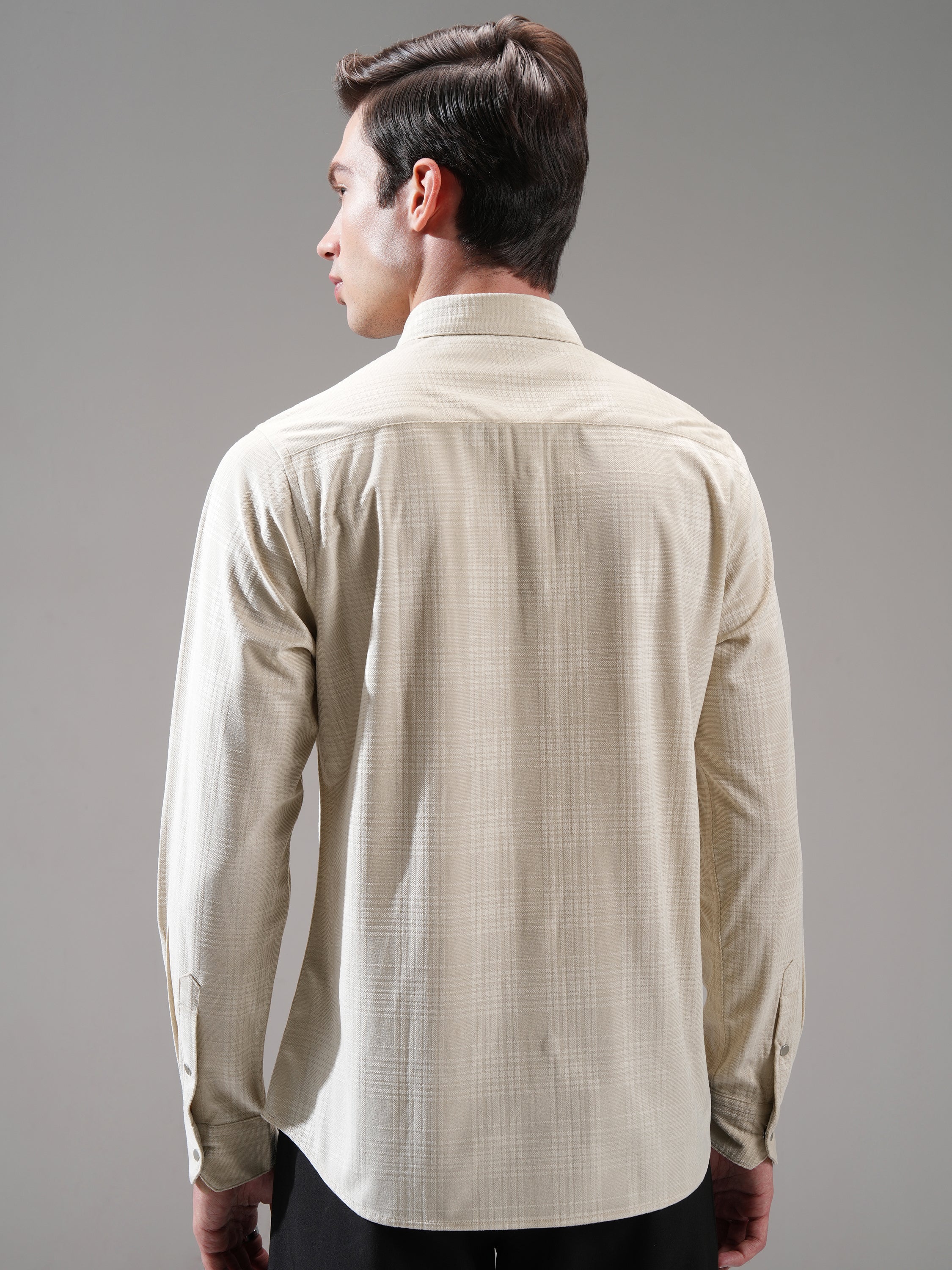 Highlander Men Beige Self Design Slim Fit Casual Shirt - Beige - Image 3