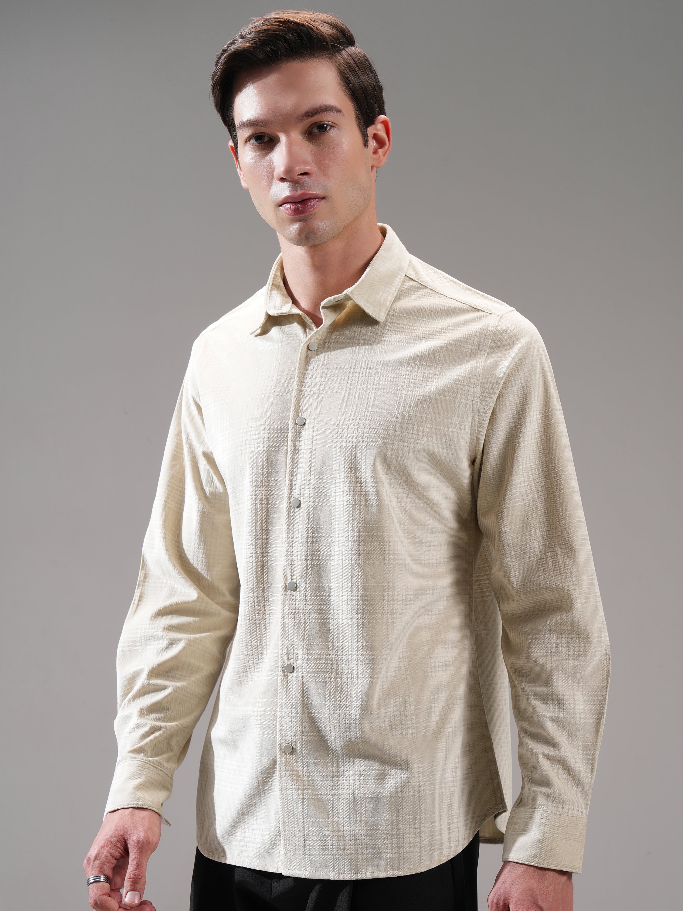 Highlander Men Beige Self Design Slim Fit Casual Shirt - Beige - Image 4
