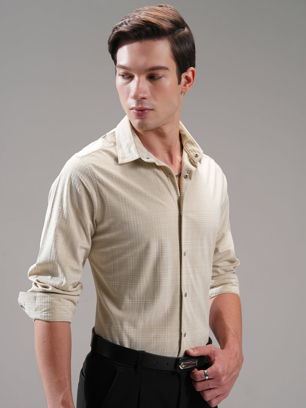 Highlander Men Beige Self Design Slim Fit Casual Shirt - Beige - Image 6