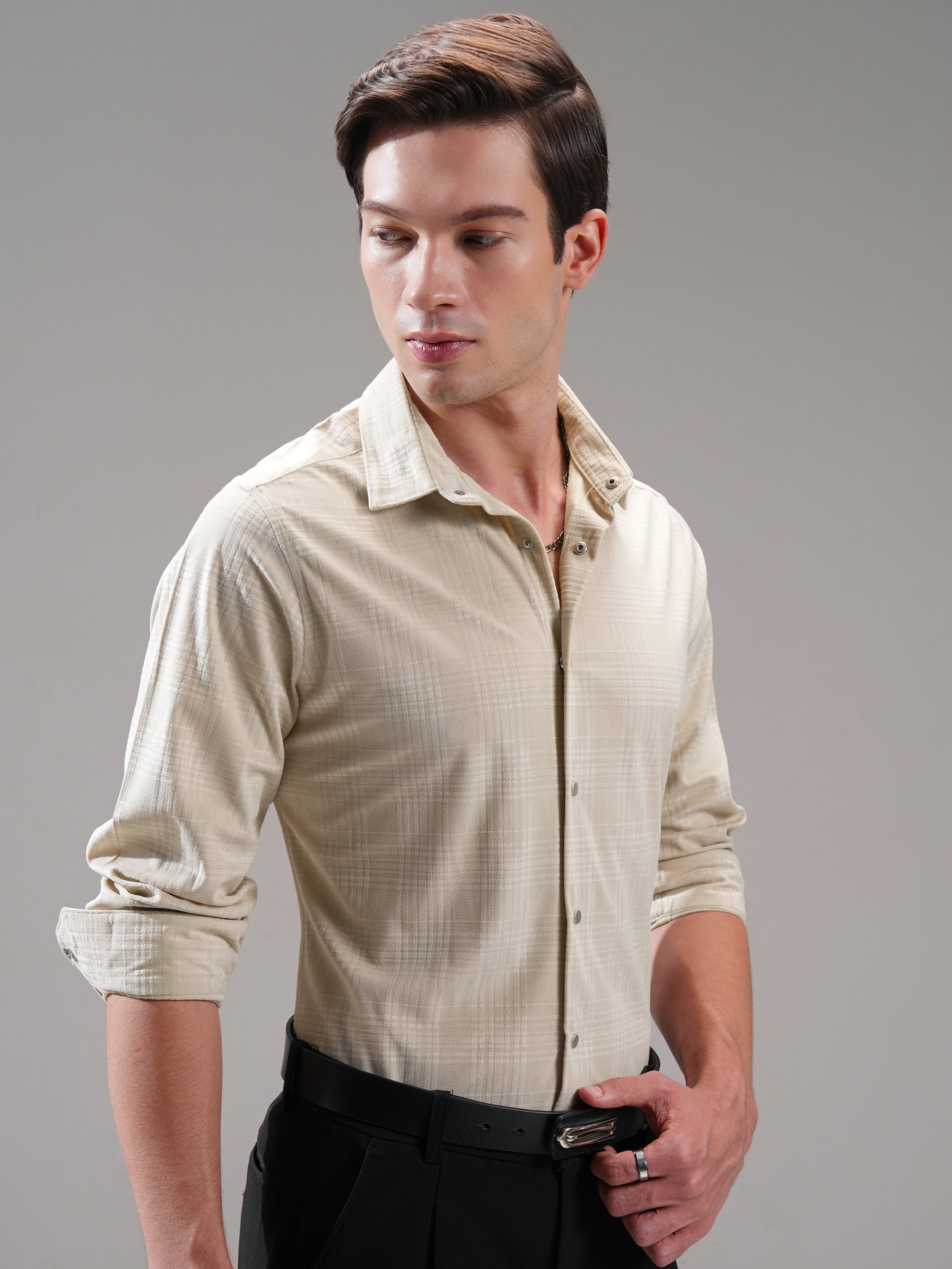 Highlander Men Beige Self Design Slim Fit Casual Shirt - Beige - Image 6