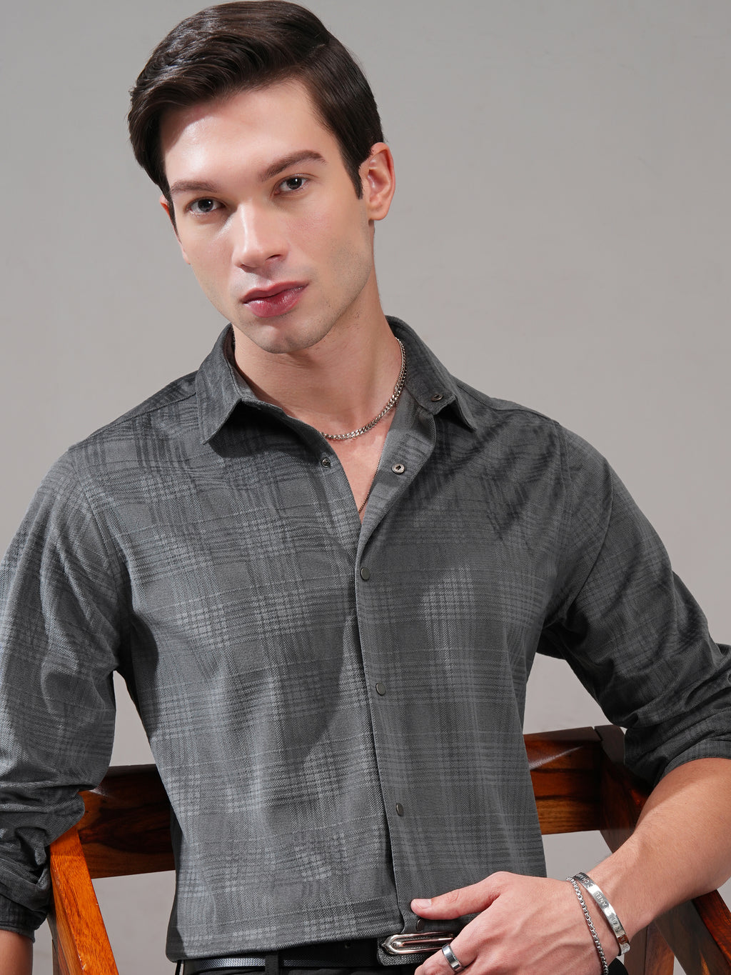 Highlander Men Grey Self Design Slim Fit Casual Shirt - Grey - Image 1