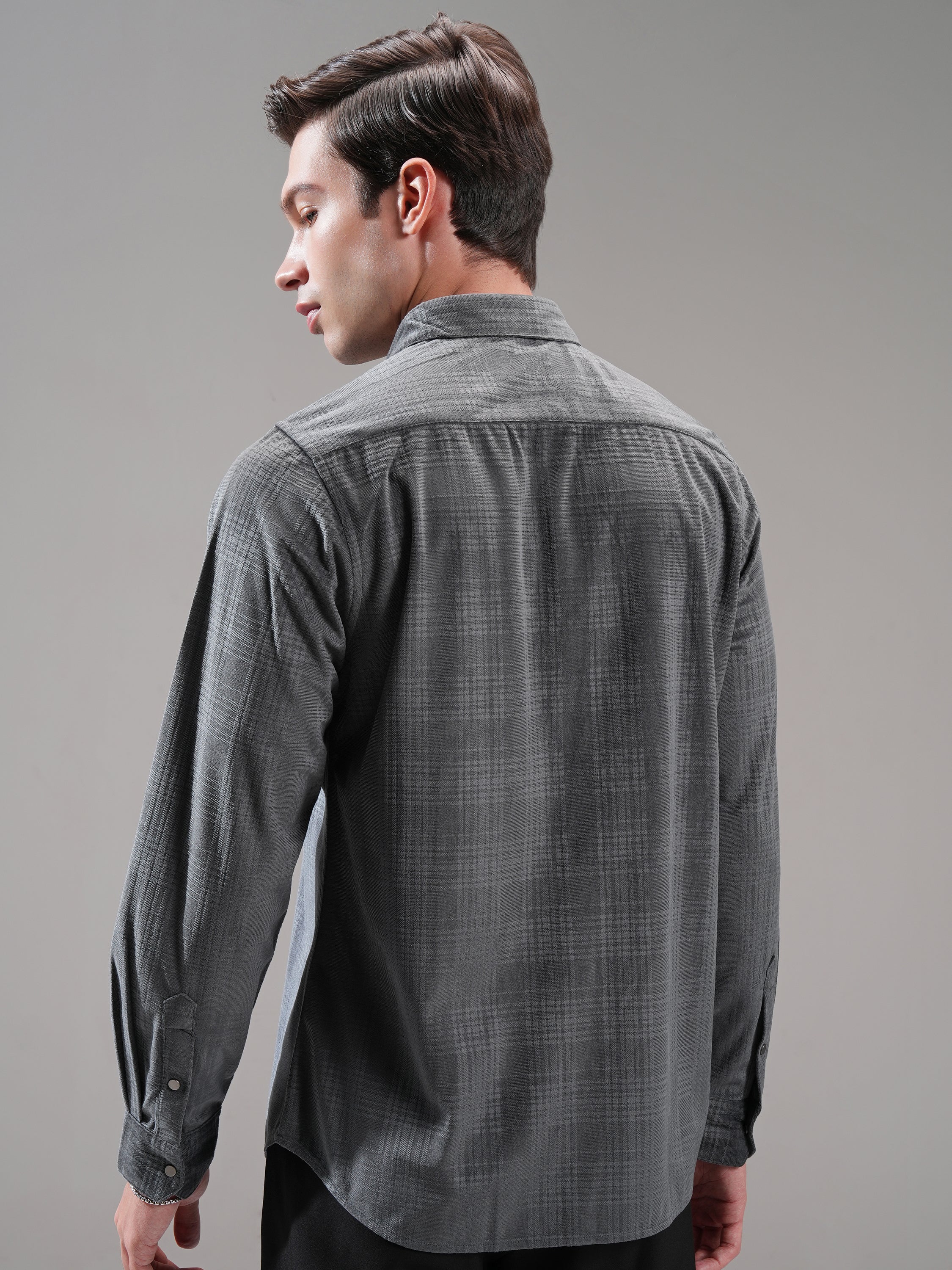 Highlander Men Grey Self Design Slim Fit Casual Shirt - Grey - Image 3