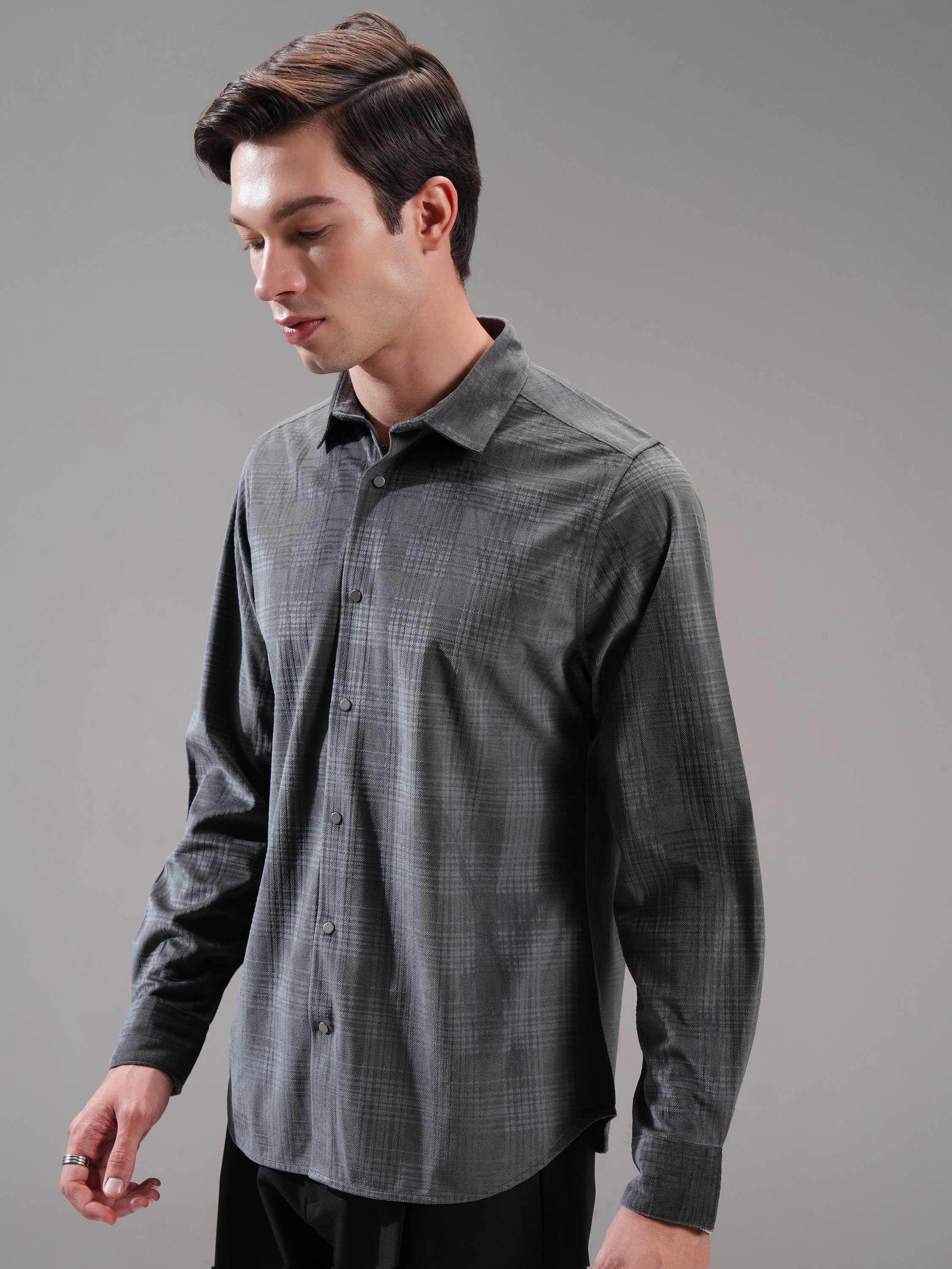 Highlander Men Grey Self Design Slim Fit Casual Shirt - Grey - Image 4