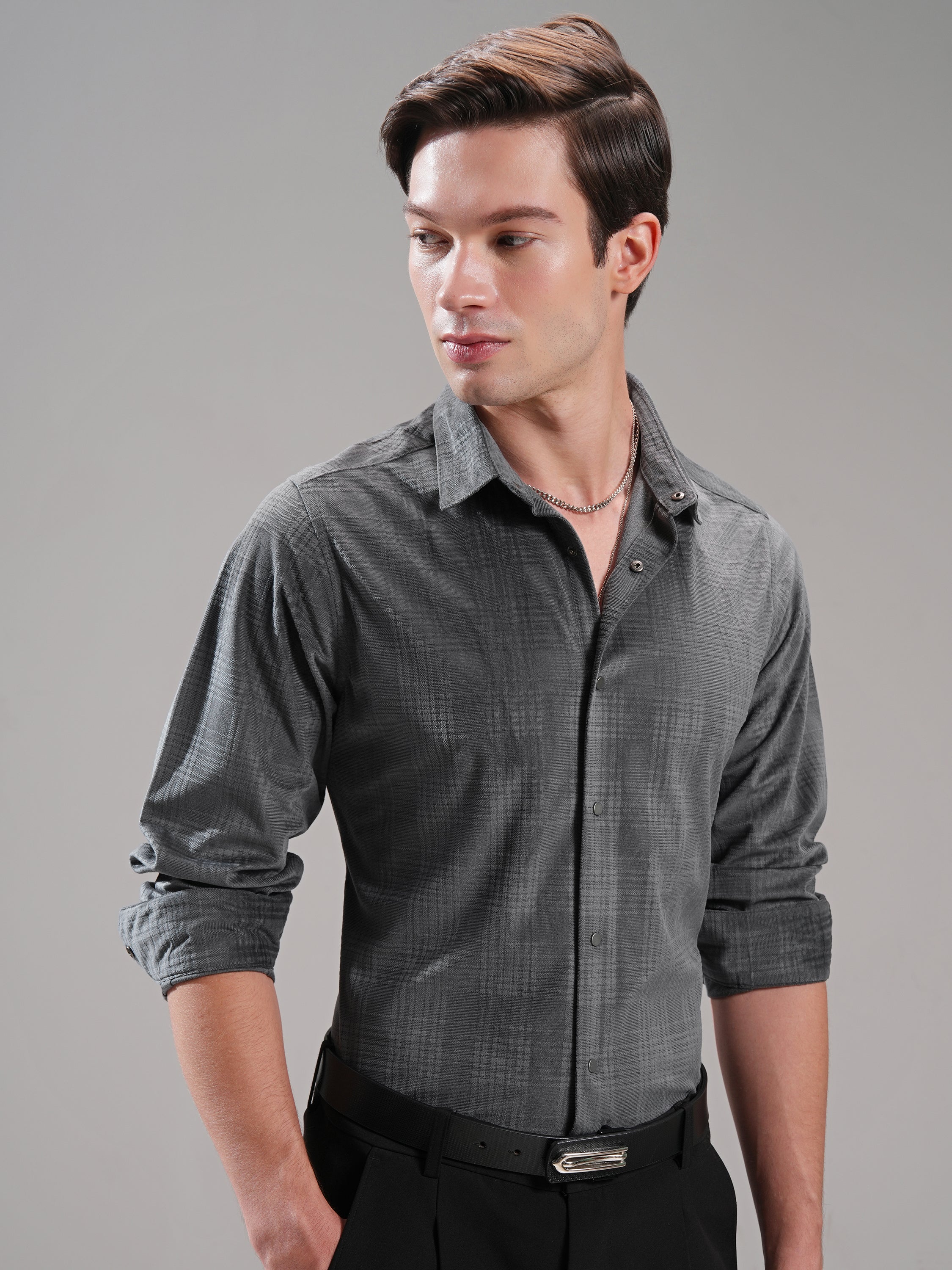 Highlander Men Grey Self Design Slim Fit Casual Shirt - Grey - Image 6