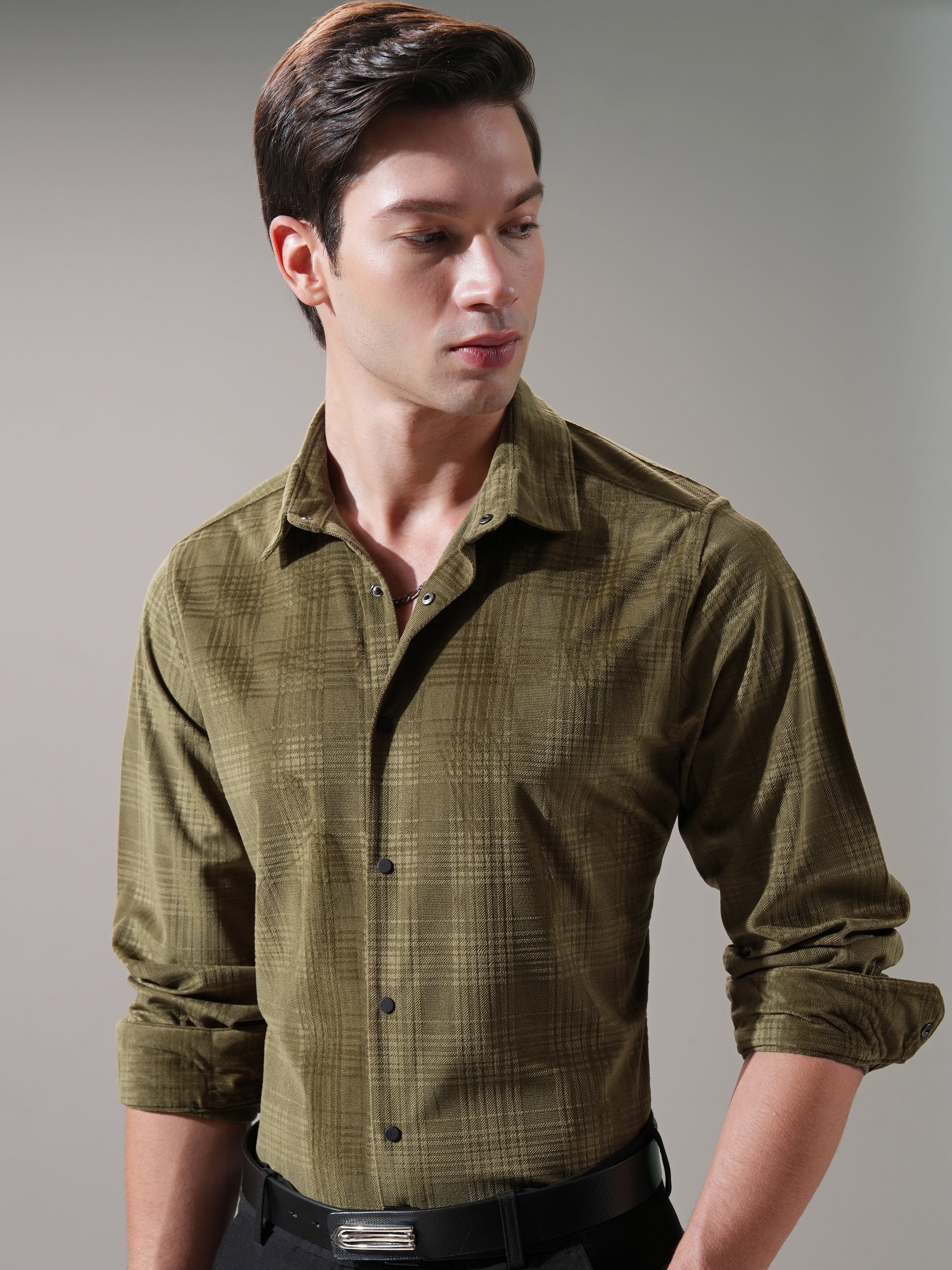 Highlander Men Olive Self Design Slim Fit Casual Shirt - Olive - Image 1
