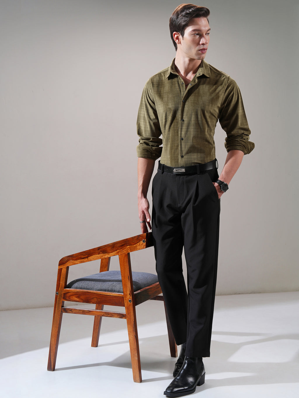 Highlander Men Olive Self Design Slim Fit Casual Shirt - Olive - Image 2