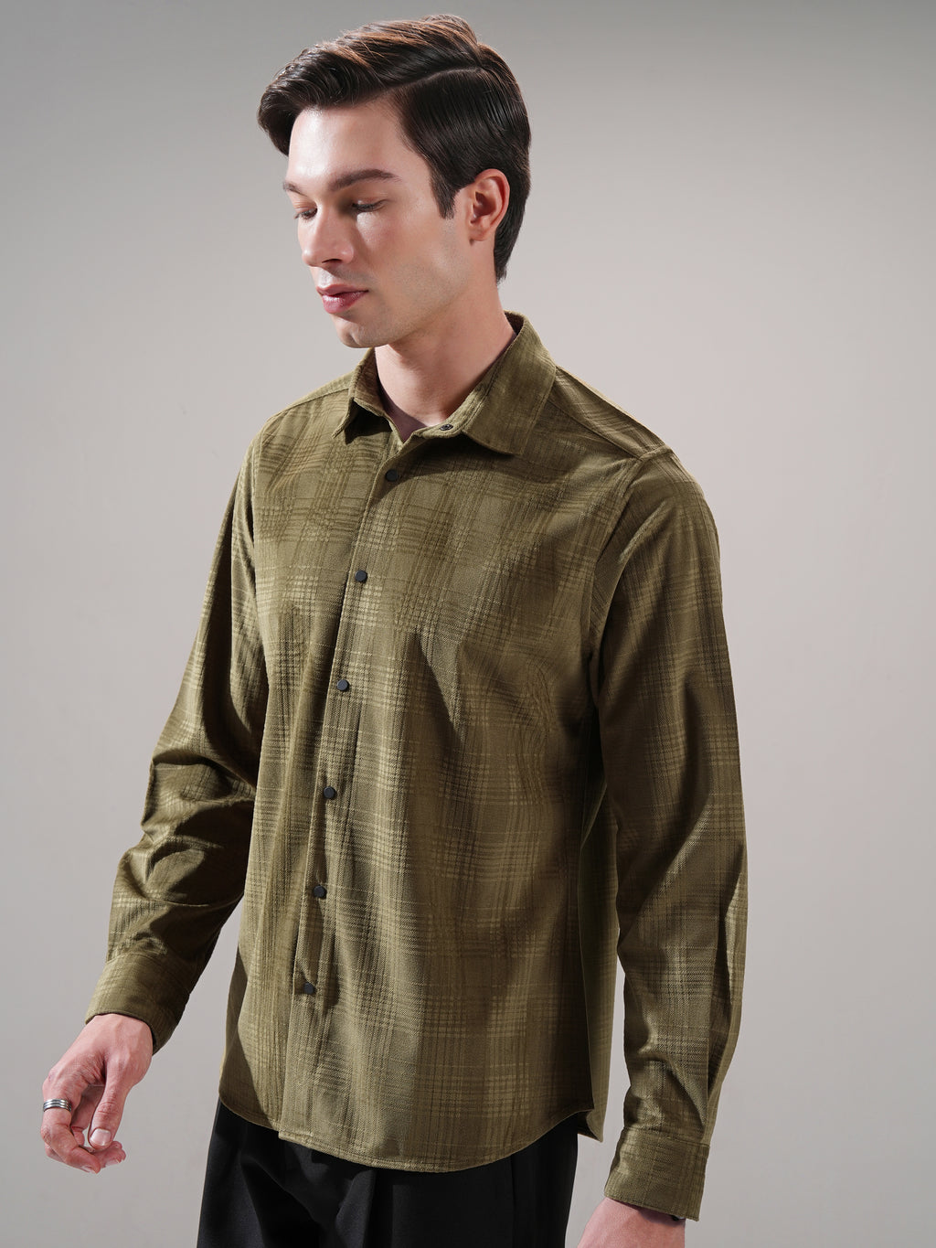 Highlander Men Olive Self Design Slim Fit Casual Shirt - Olive - Image 4