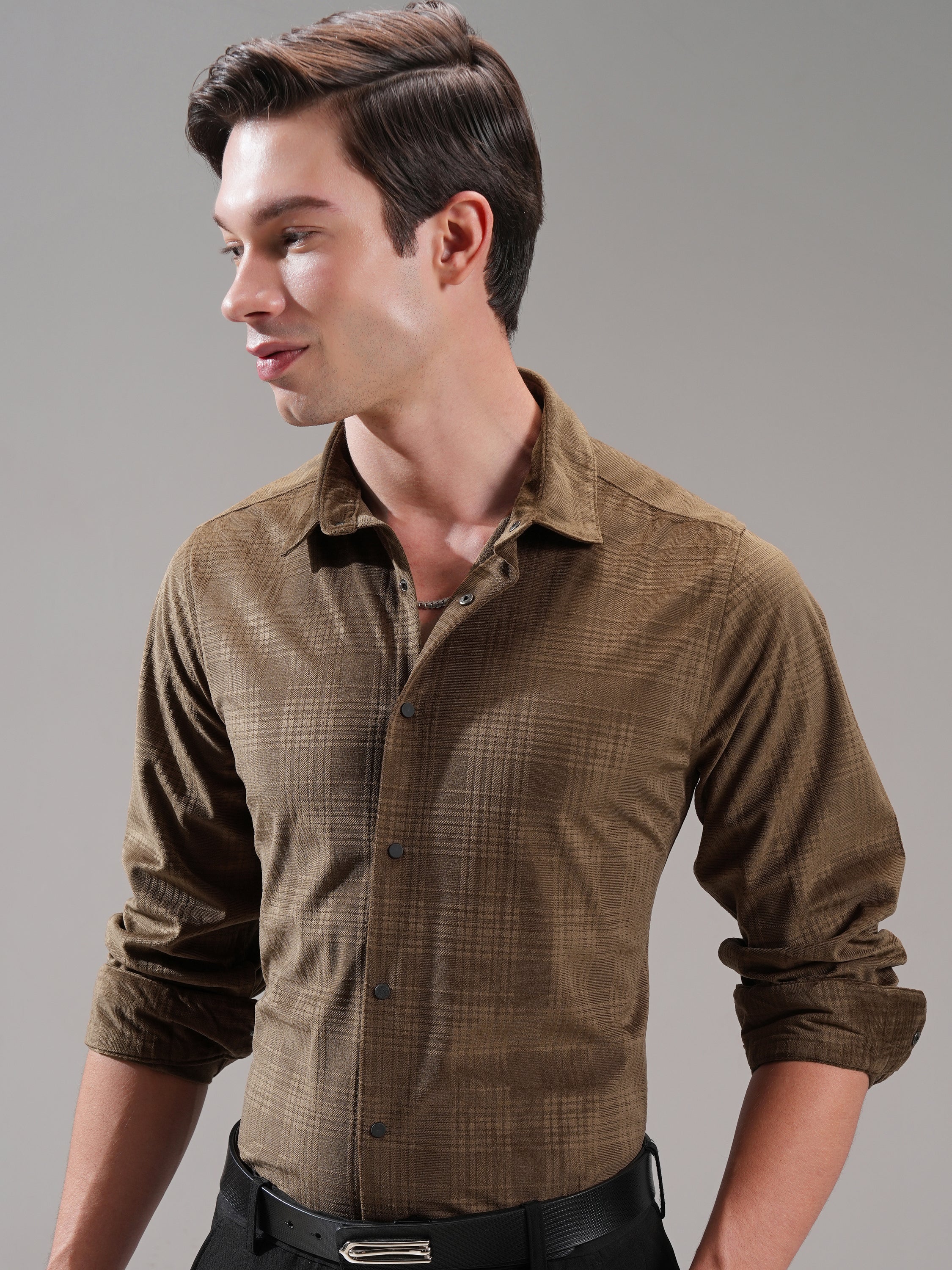 Highlander Men Brown Self Design Slim Fit Casual Shirt - Brown - Image 1
