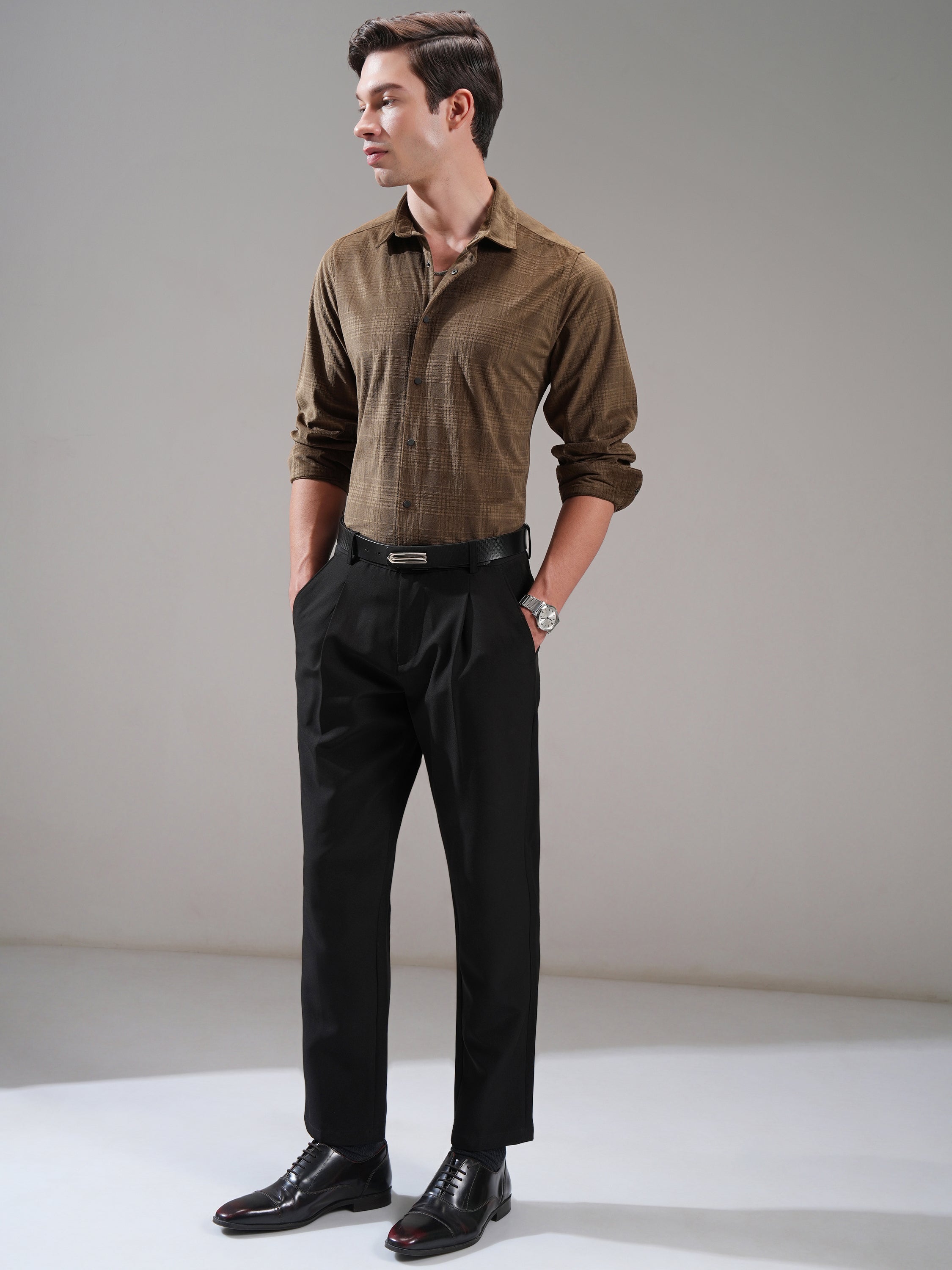 Highlander Men Brown Self Design Slim Fit Casual Shirt - Brown - Image 2