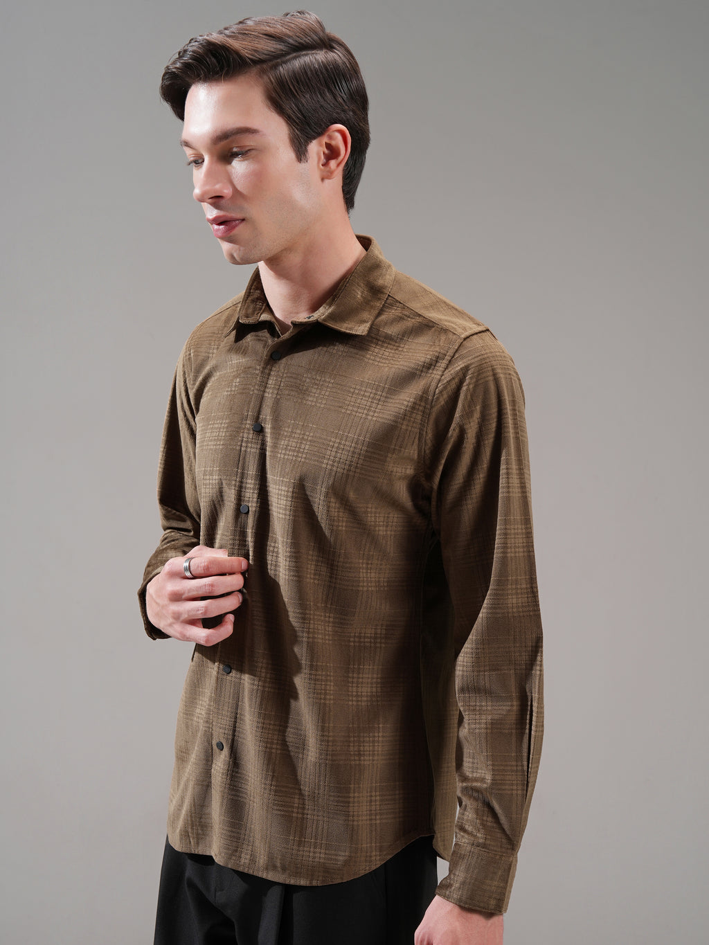 Highlander Men Brown Self Design Slim Fit Casual Shirt - Brown - Image 4