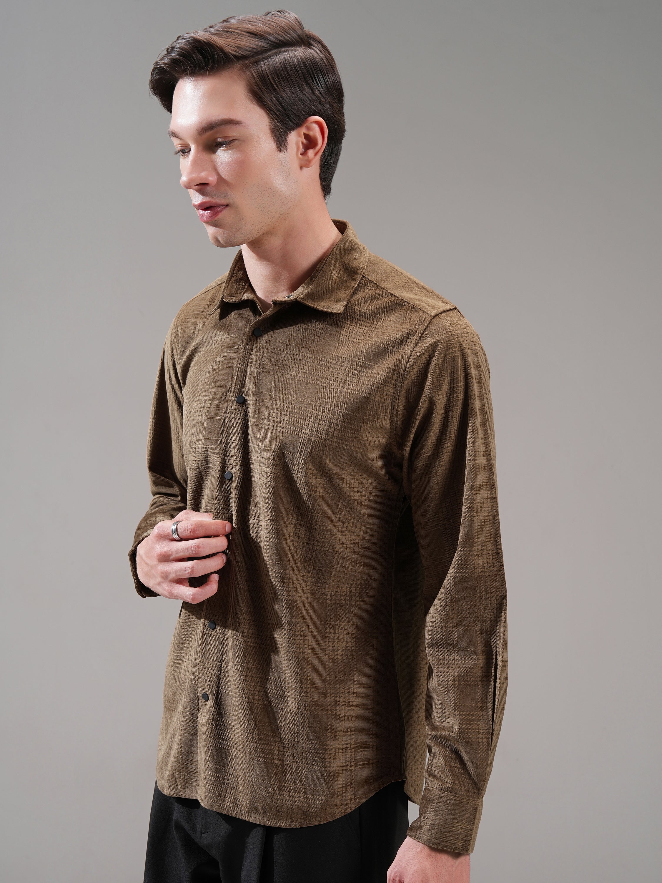 Highlander Men Brown Self Design Slim Fit Casual Shirt - Brown - Image 4