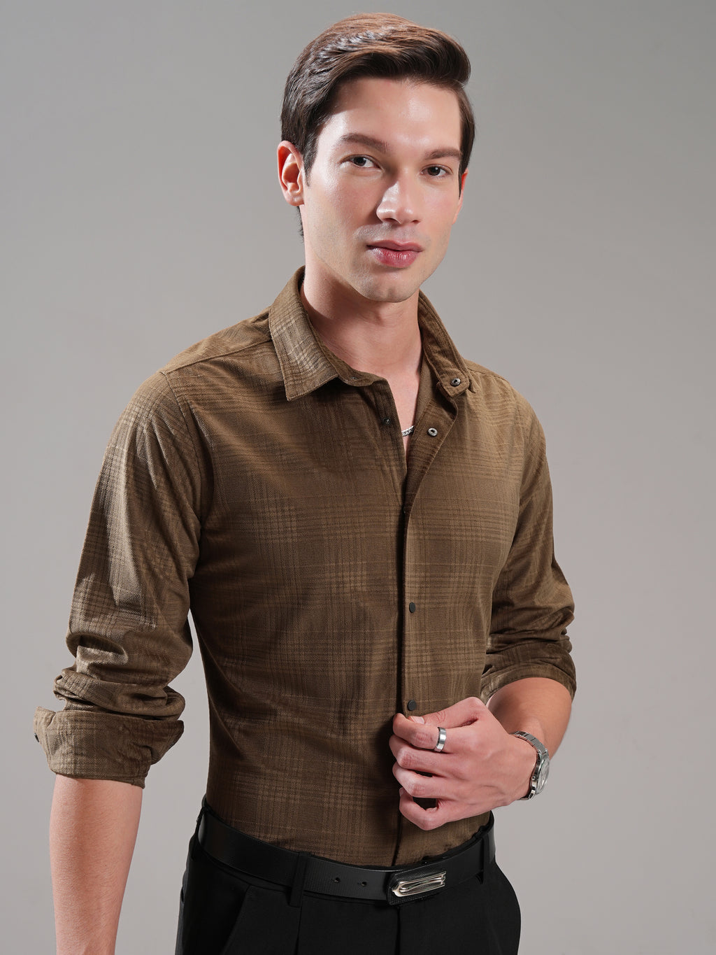 Highlander Men Brown Self Design Slim Fit Casual Shirt - Brown - Image 6