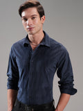 Highlander Men Navy Blue Self Design Slim Fit Casual Shirt - Navy Blue - Image 1