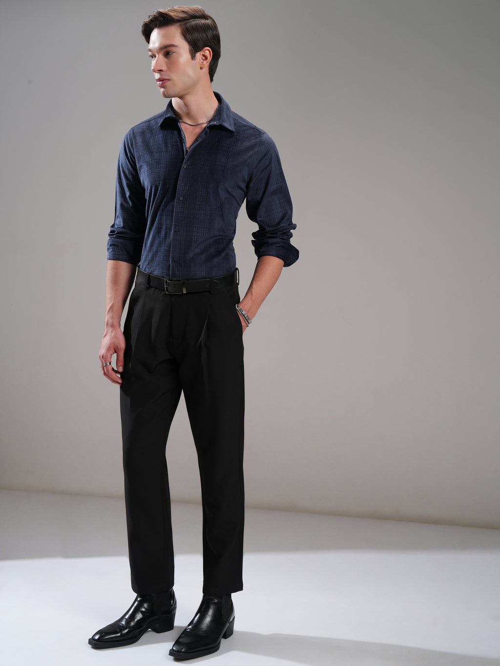 Highlander Men Navy Blue Self Design Slim Fit Casual Shirt - Navy Blue - Image 2