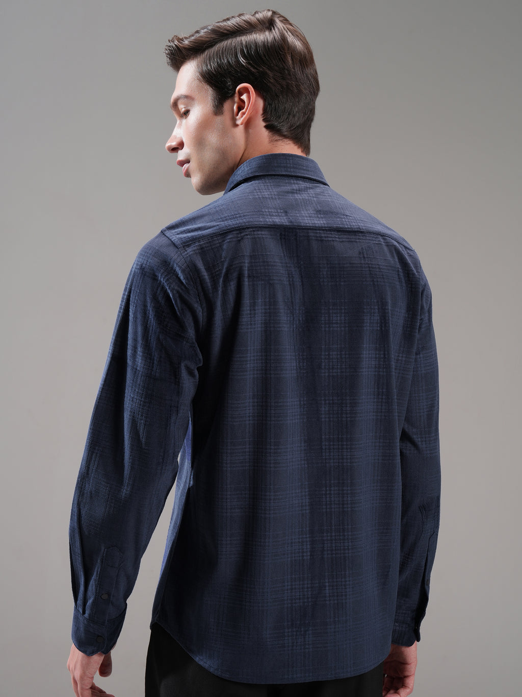 Highlander Men Navy Blue Self Design Slim Fit Casual Shirt - Navy Blue - Image 3