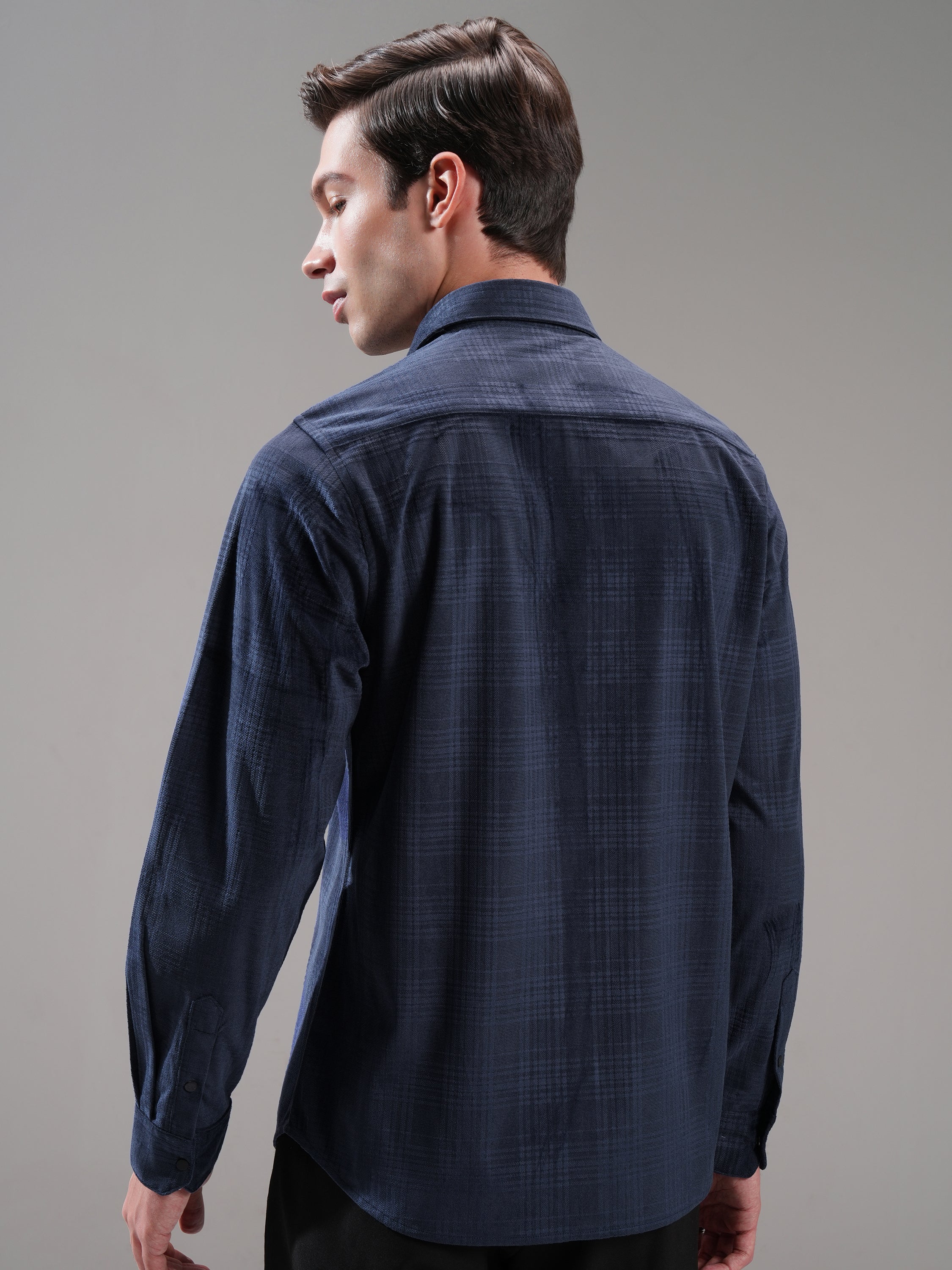 Highlander Men Navy Blue Self Design Slim Fit Casual Shirt - Navy Blue - Image 3