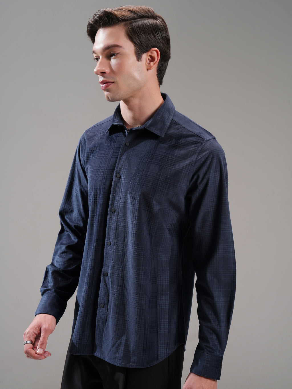 Highlander Men Navy Blue Self Design Slim Fit Casual Shirt - Navy Blue - Image 4