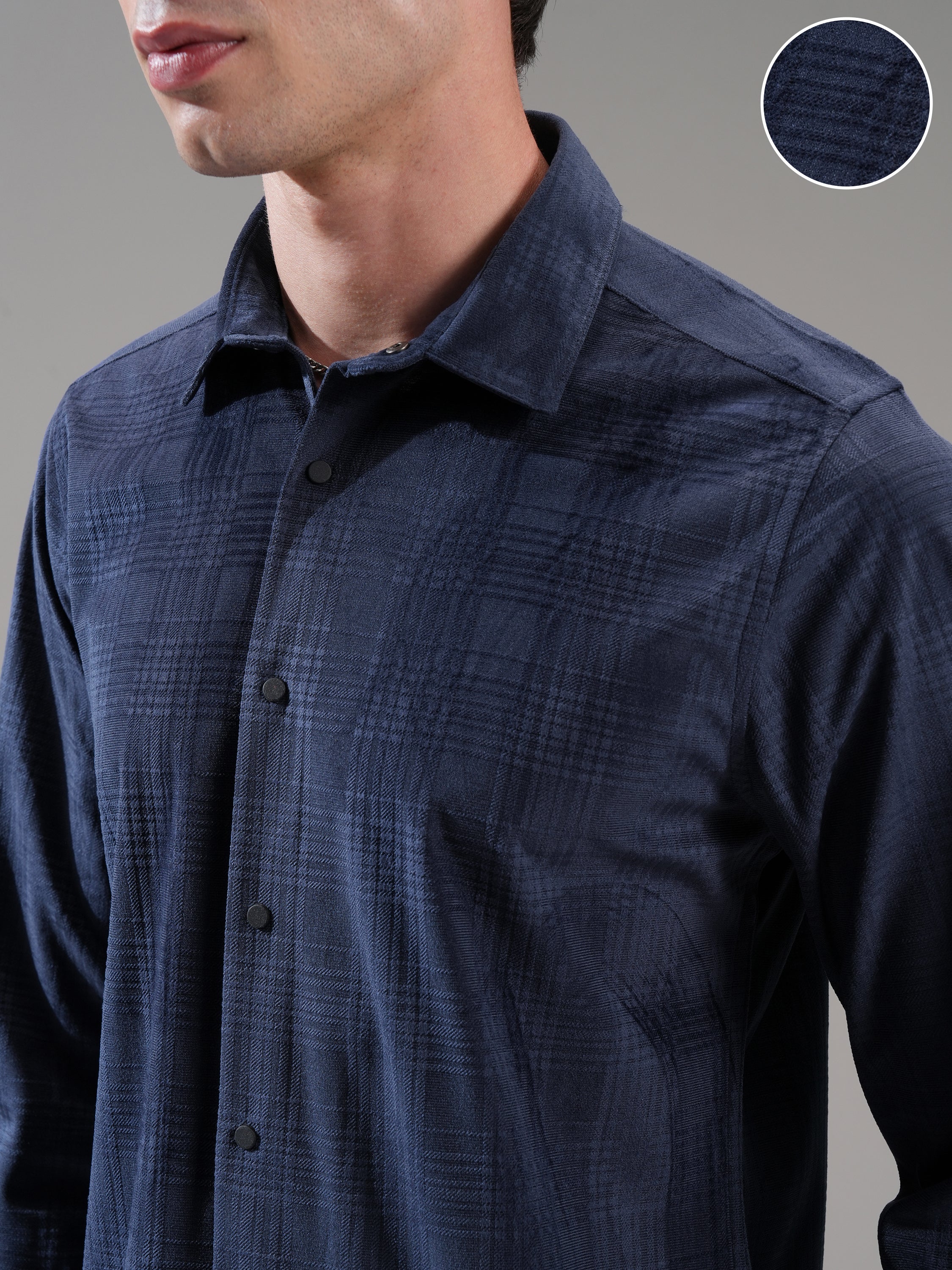 Highlander Men Navy Blue Self Design Slim Fit Casual Shirt - Navy Blue - Image 5
