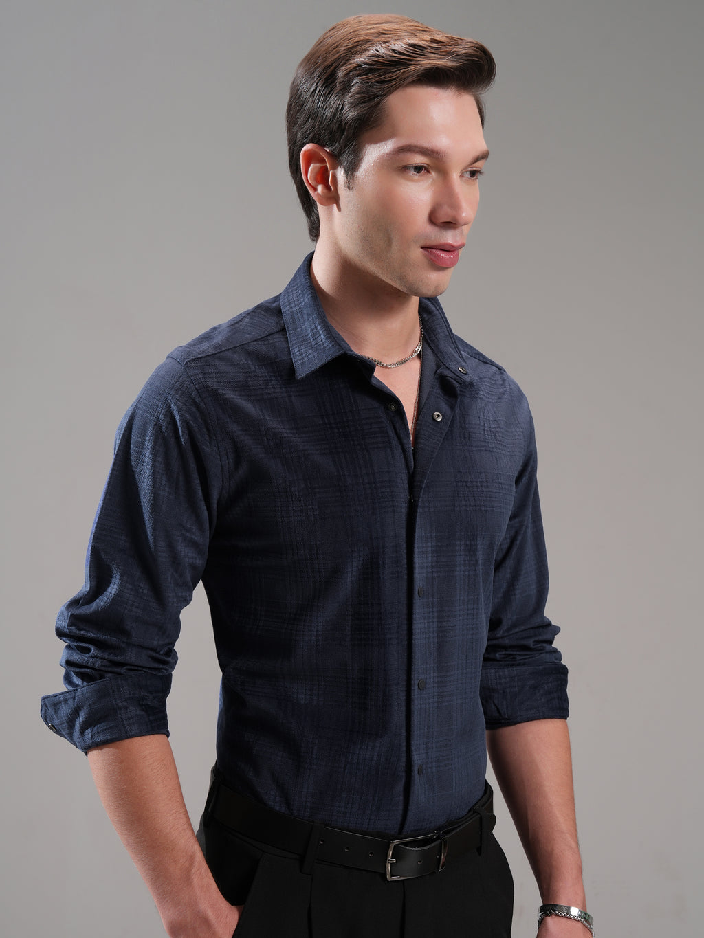 Highlander Men Navy Blue Self Design Slim Fit Casual Shirt - Navy Blue - Image 6
