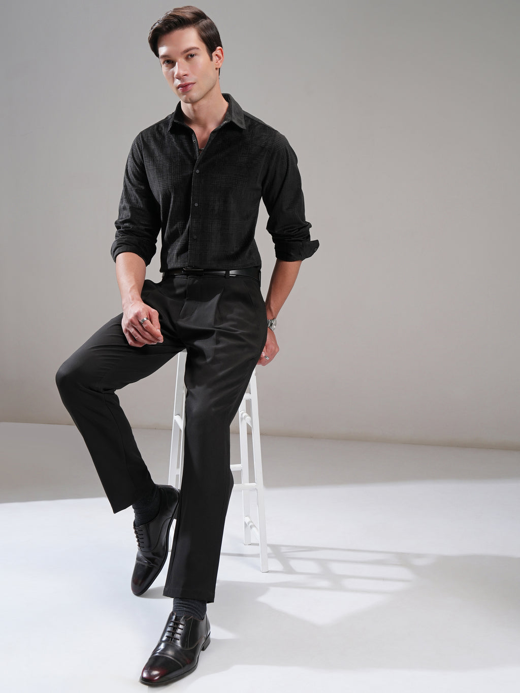 Highlander Men Black Self Design Slim Fit Casual Shirt - Black - Image 2