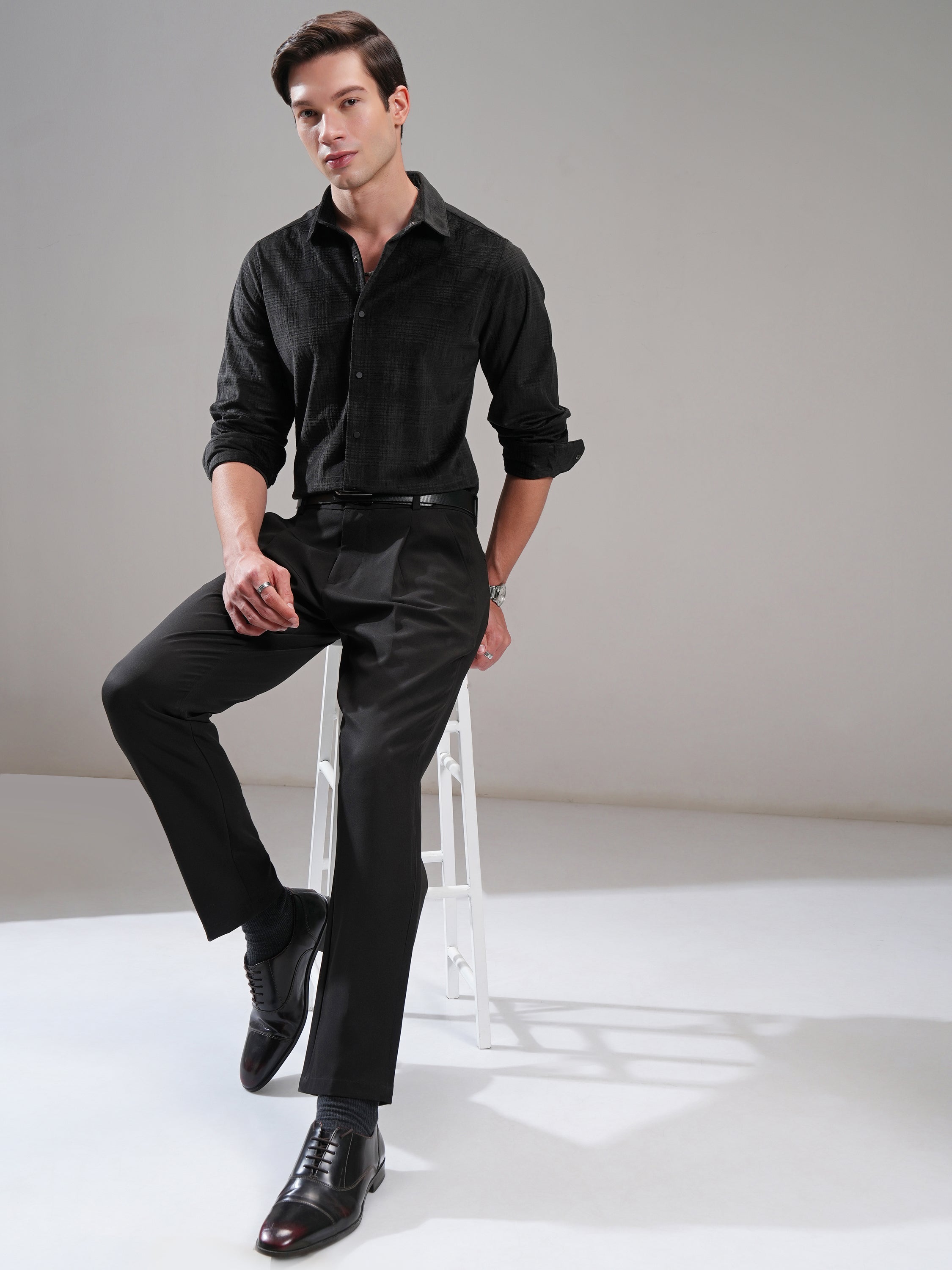 Highlander Men Black Self Design Slim Fit Casual Shirt - Black - Image 2