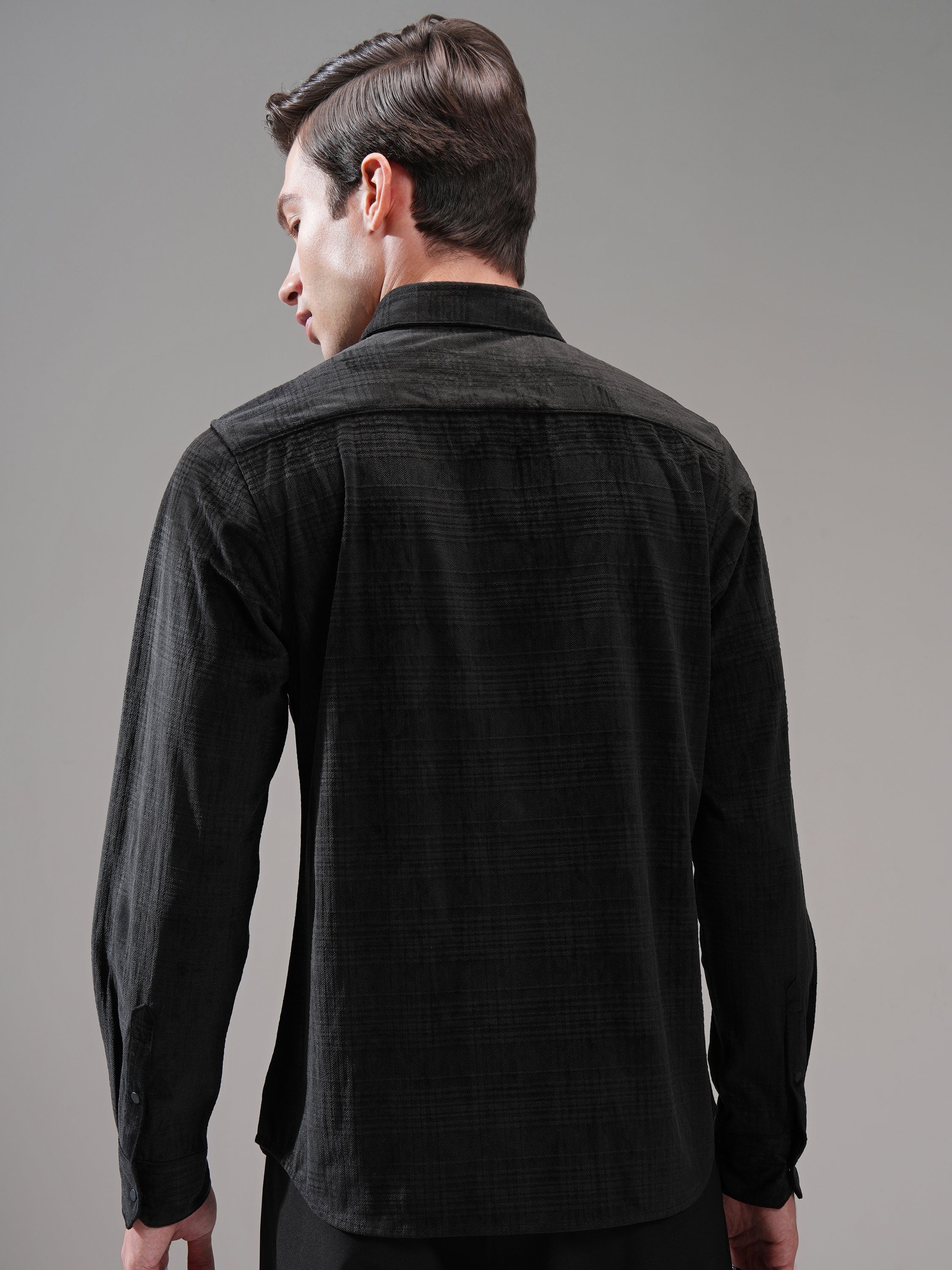 Highlander Men Black Self Design Slim Fit Casual Shirt - Black - Image 3