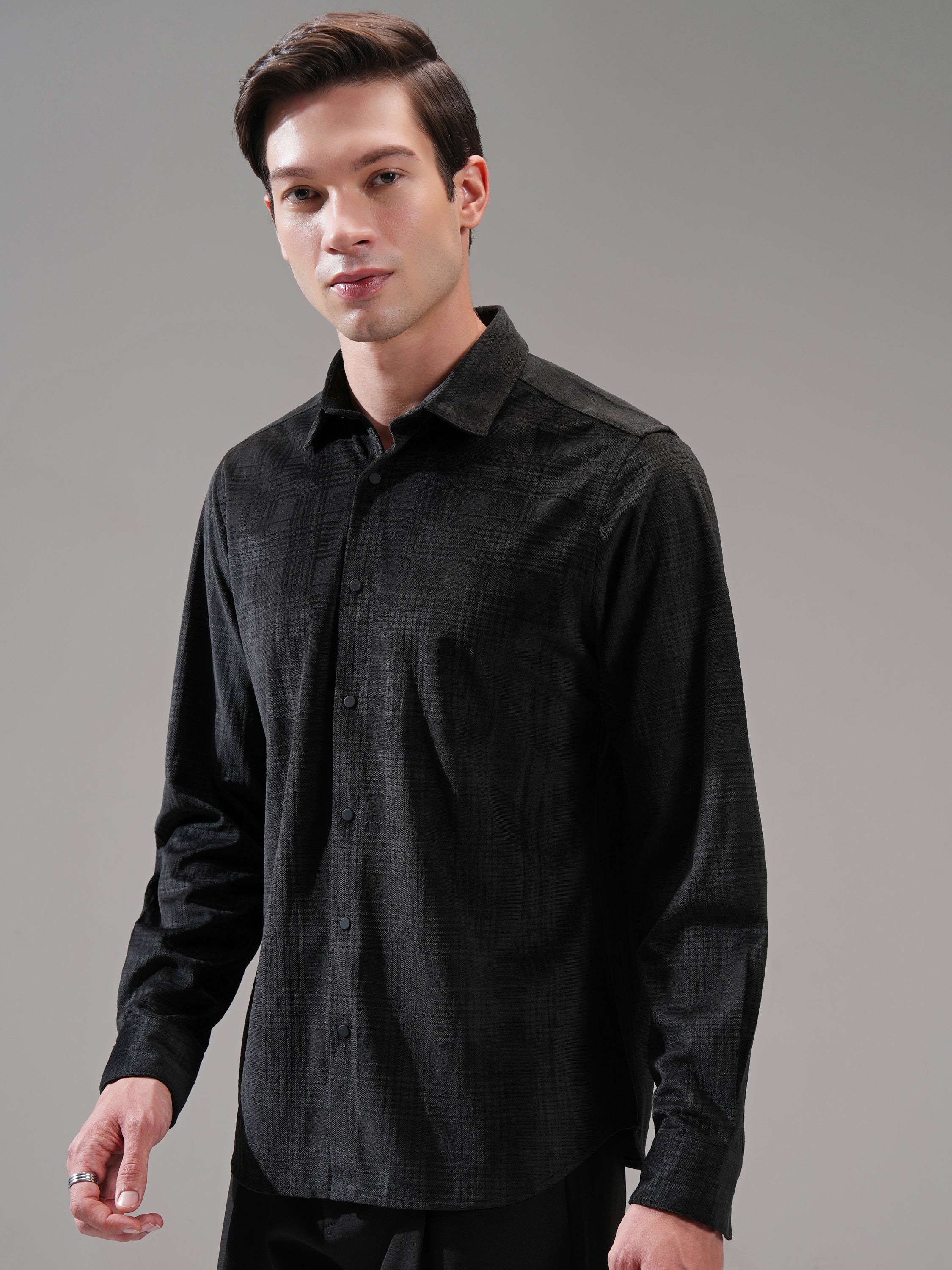 Highlander Men Black Self Design Slim Fit Casual Shirt - Black - Image 4