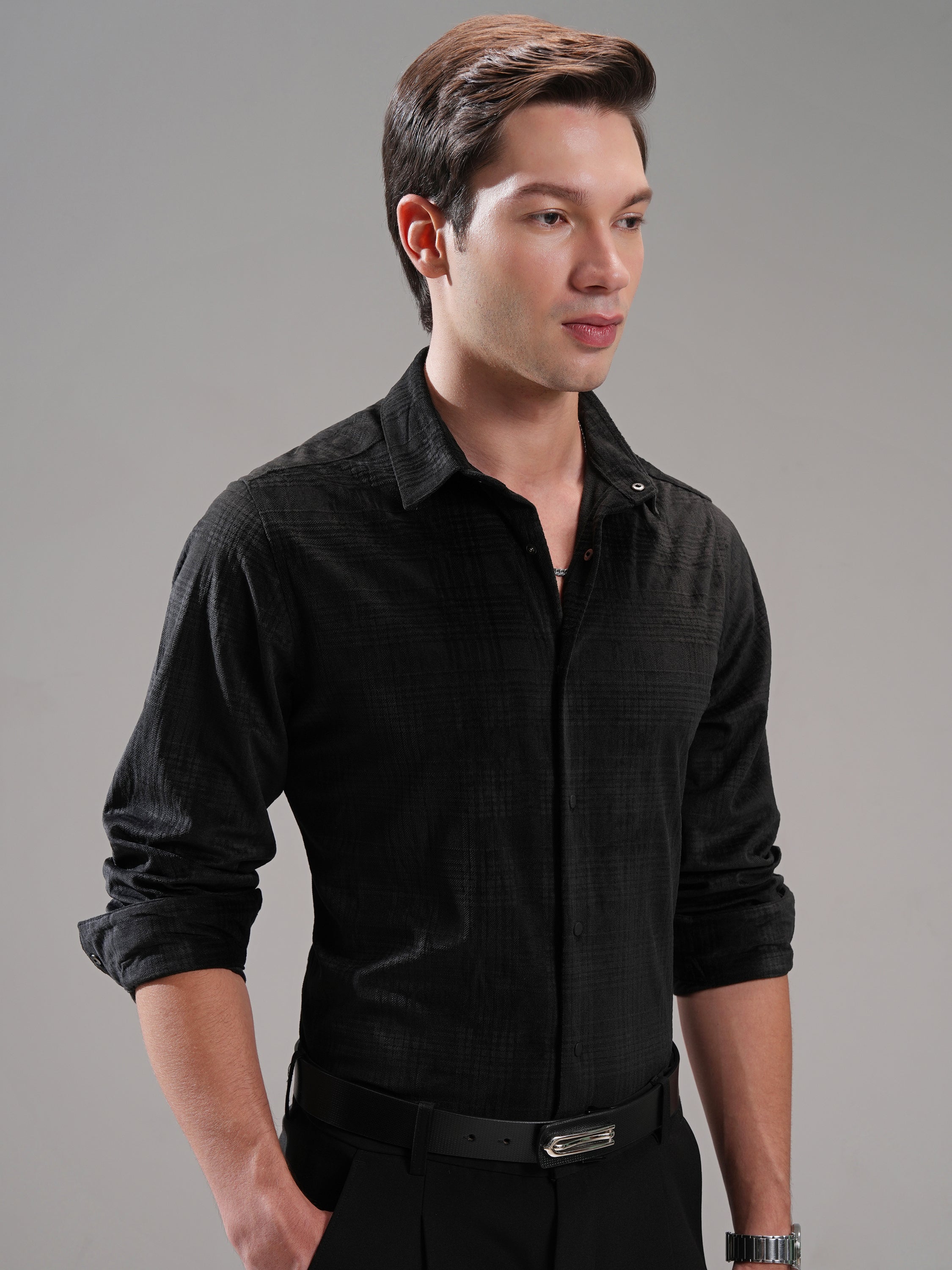 Highlander Men Black Self Design Slim Fit Casual Shirt - Black - Image 6