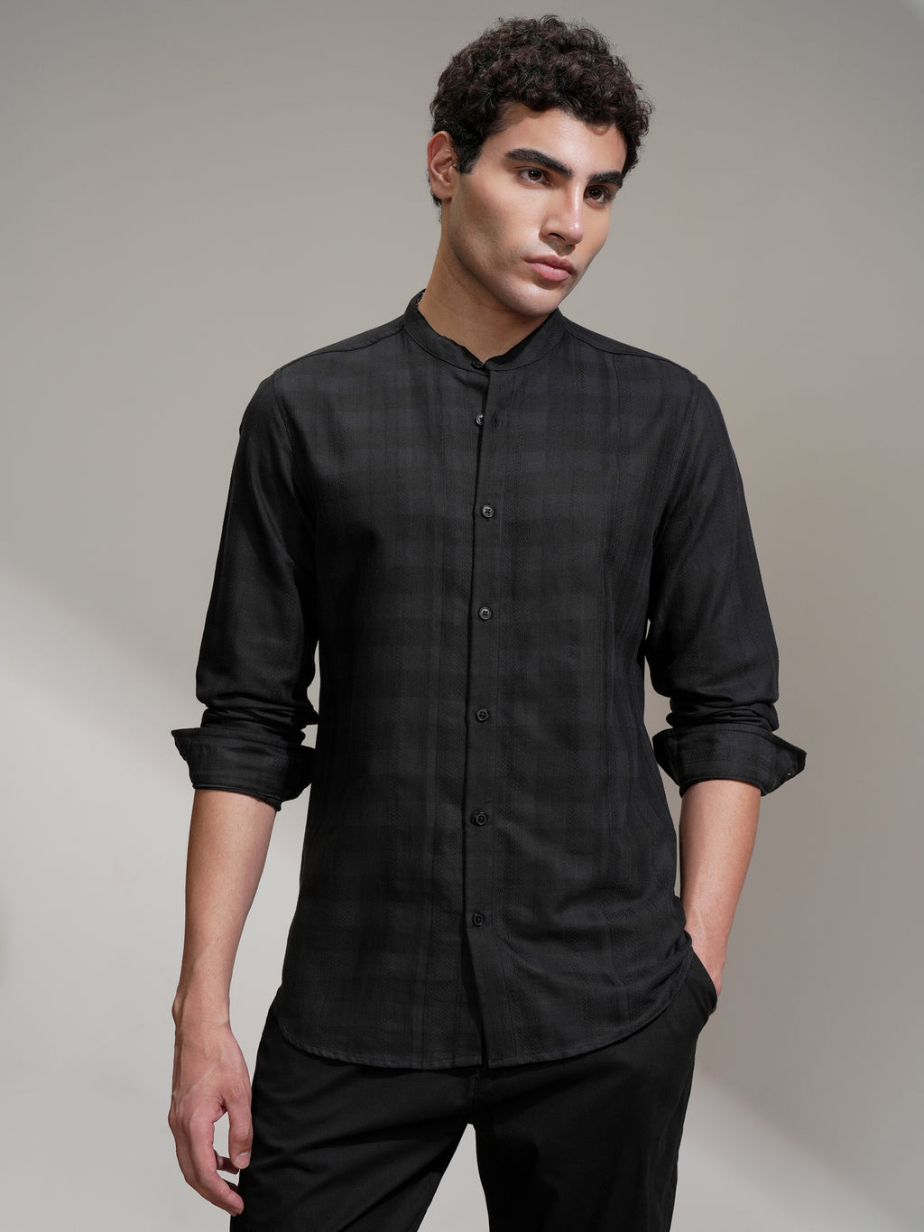 Highlander Men Black Self Design Slim Fit Casual Shirt - Black - Image 1