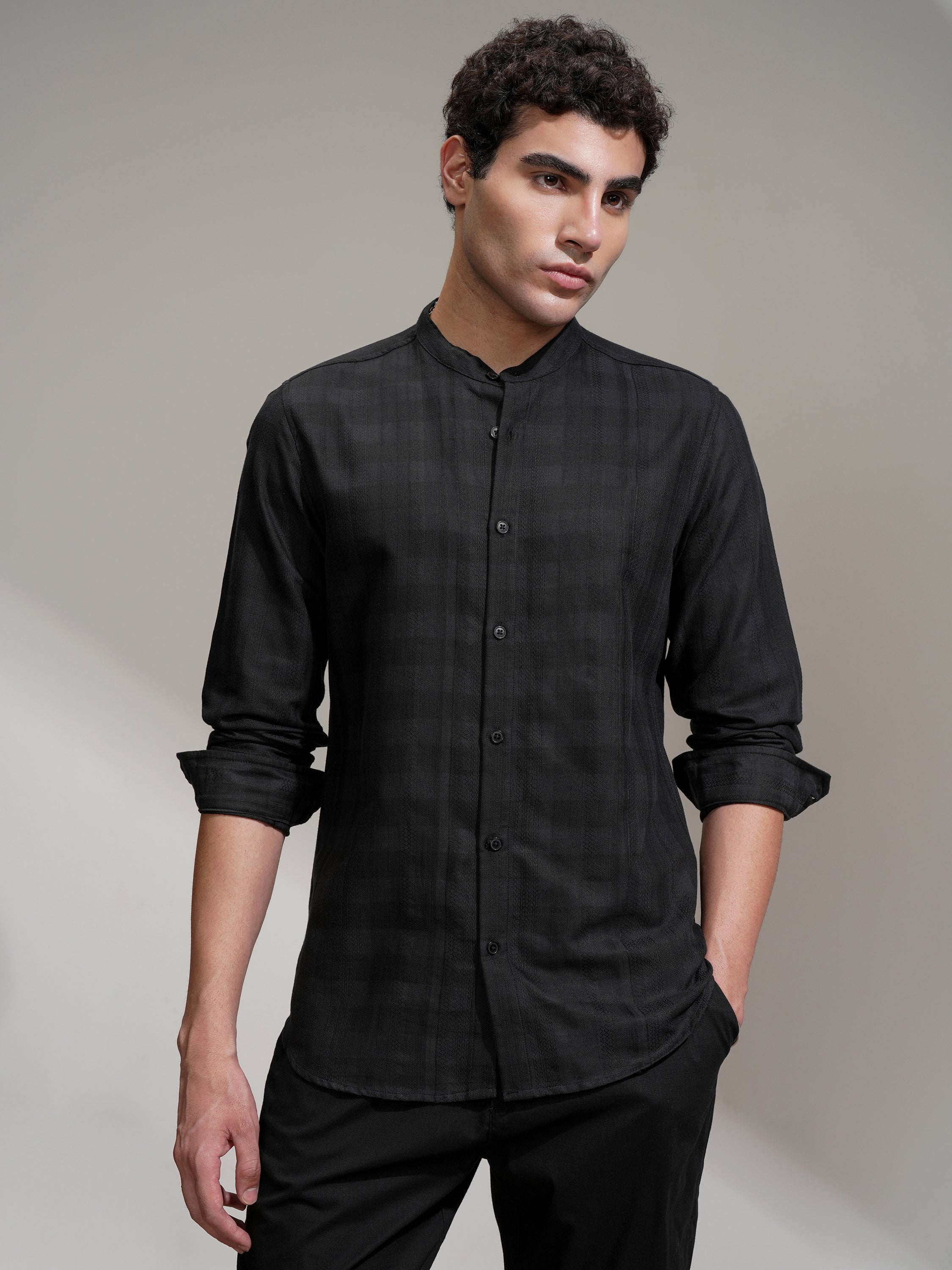 Highlander Men Black Self Design Slim Fit Casual Shirt - Black - Image 1